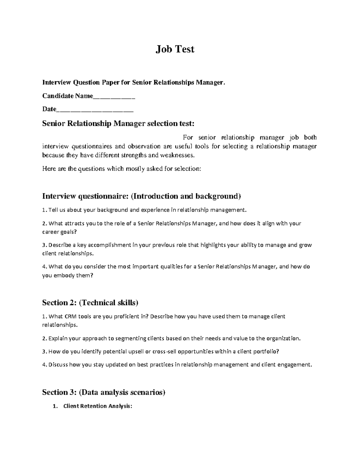 Senior relationship manager test - Job Test Interview Question Paper ...
