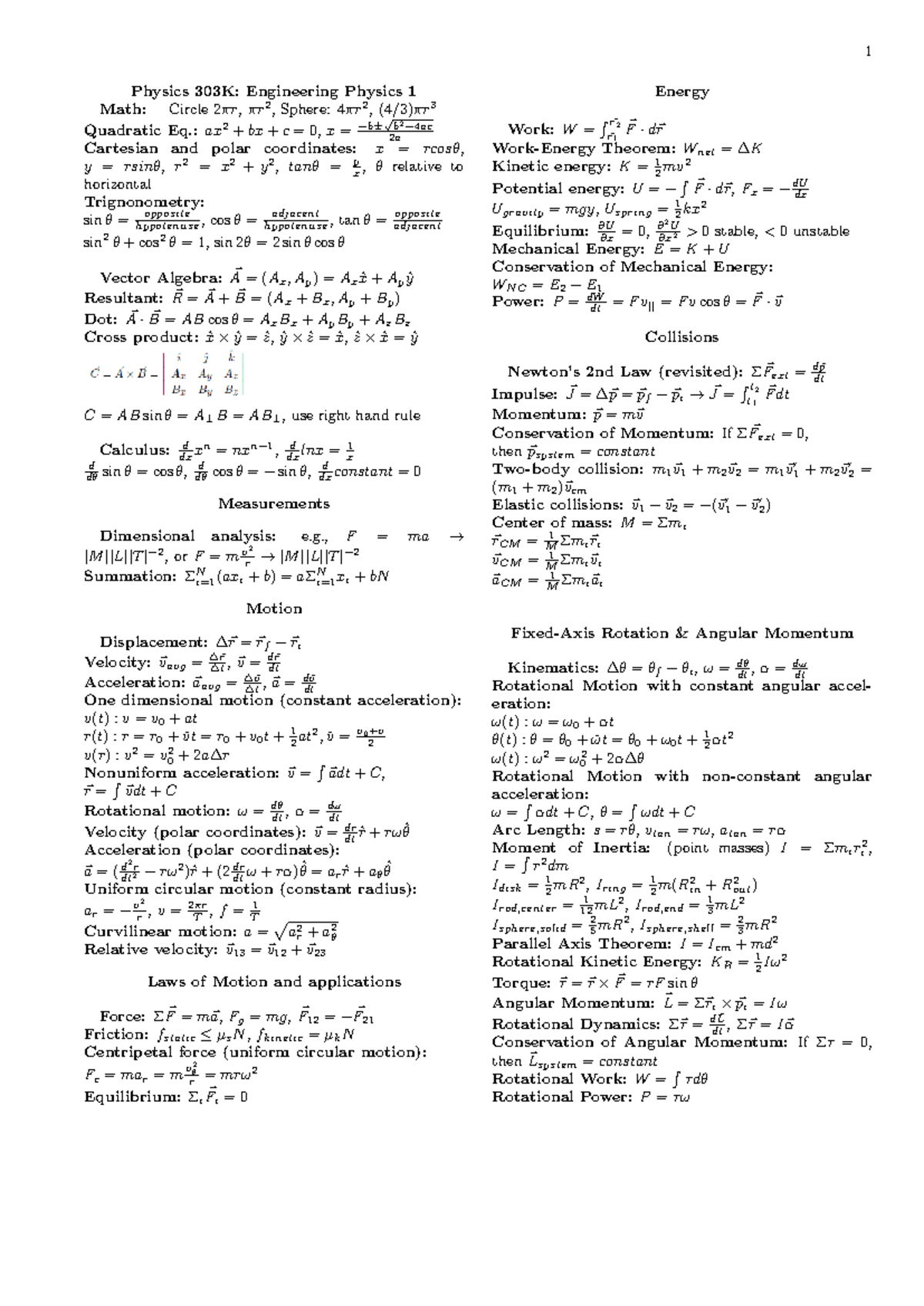 Formulas For Phys - 1 Physics 303k: Engineering Physics 1 Math: Circle 