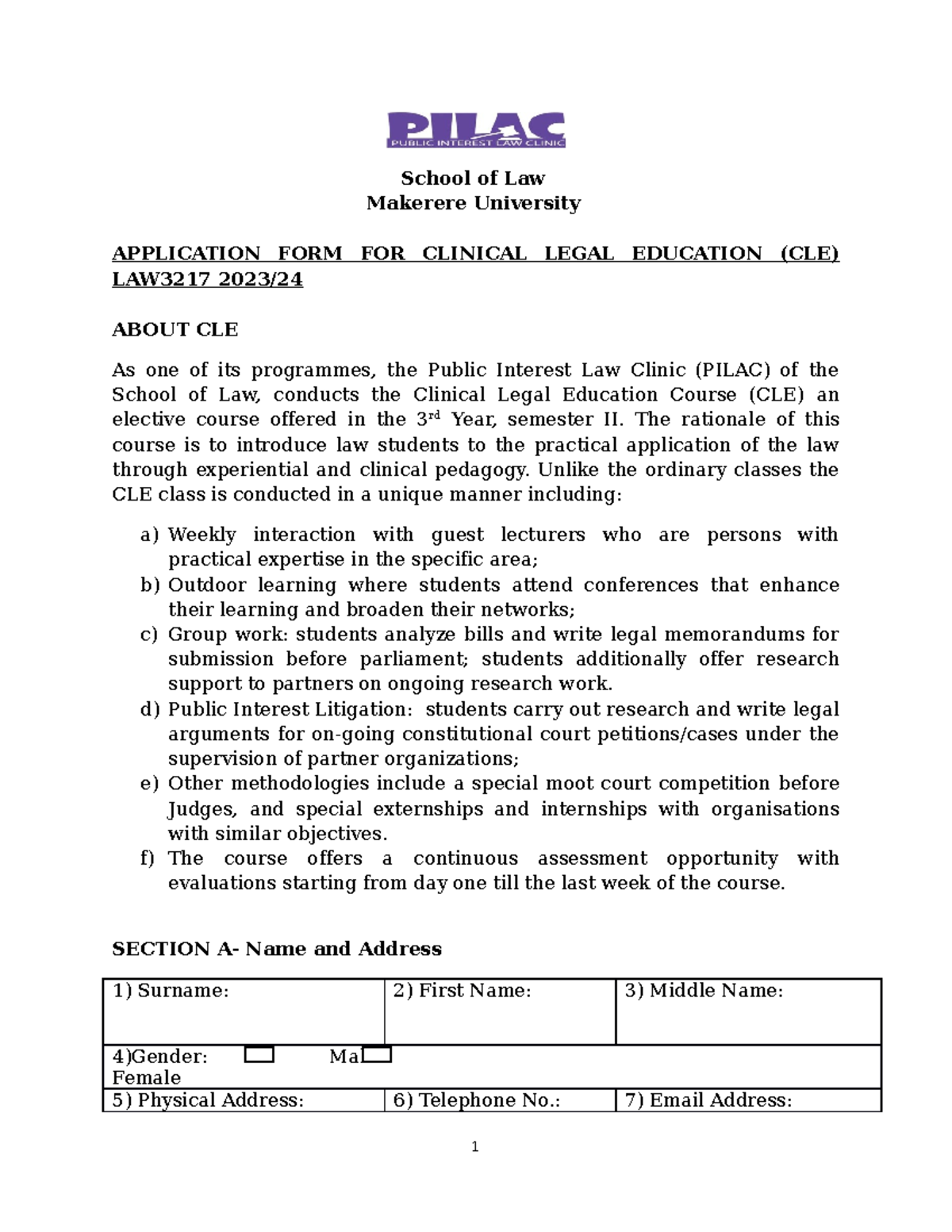CLE application form 2023 School of Law Makerere University