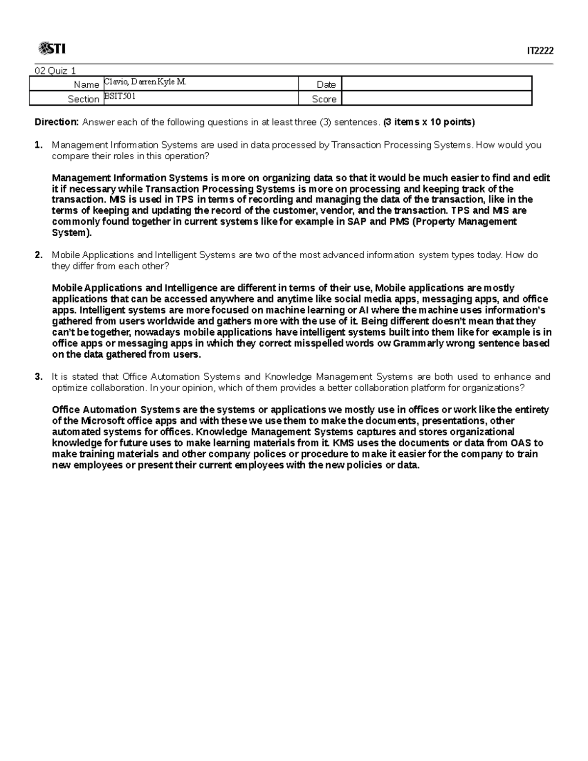 02 Quiz 1 - STI ACTIVITY - IT 02 Quiz 1 Name Clavio, Darren Kyle M ...