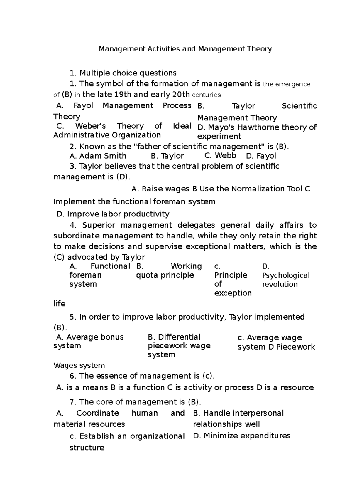 Management Activities And Management Theory - Multiple Choice Questions ...