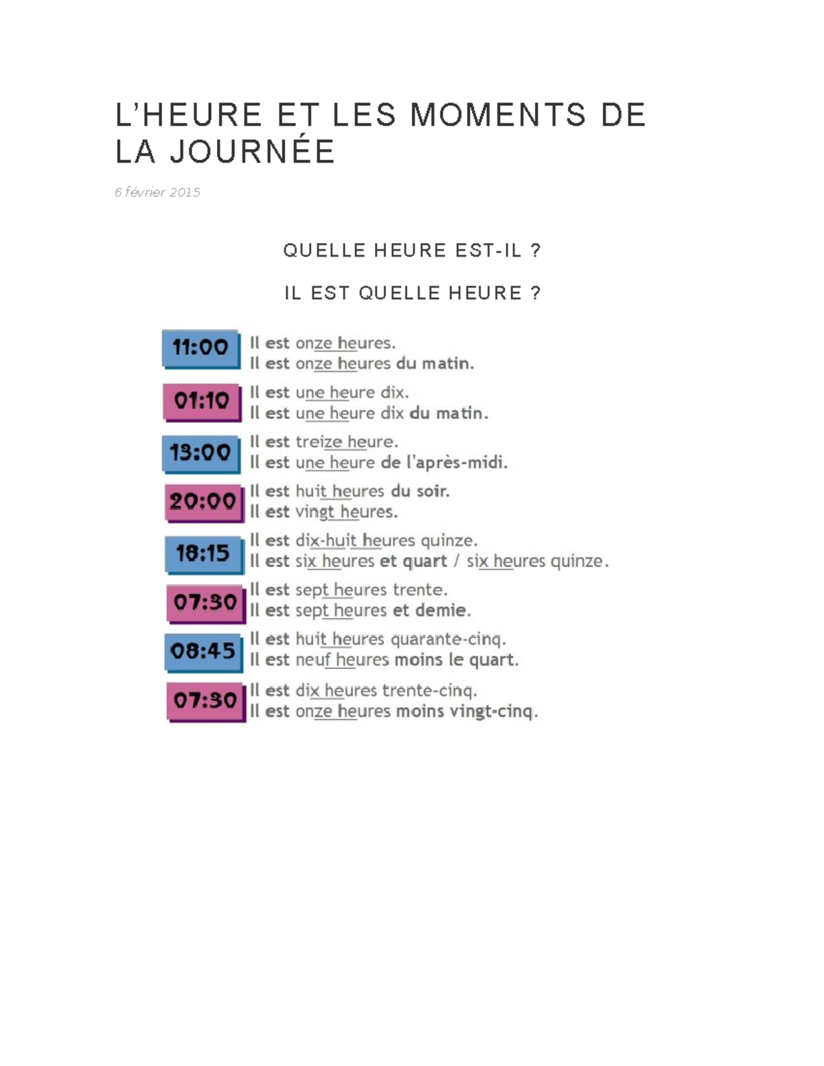 Quelle heure est-il - Francés I - L'HEURE ET LES MOMENTS DE LA JOURNÉE ...