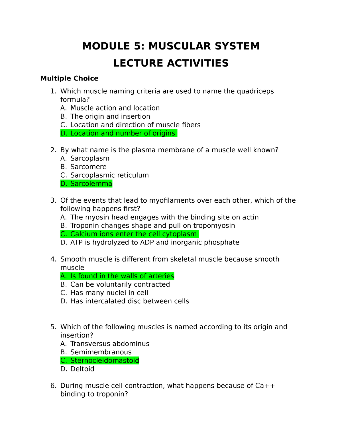 ANATOMY AND PHYSIOLOGY Module 5 Lecture Activities MODULE 5 MUSCULAR SYSTEM LECTURE