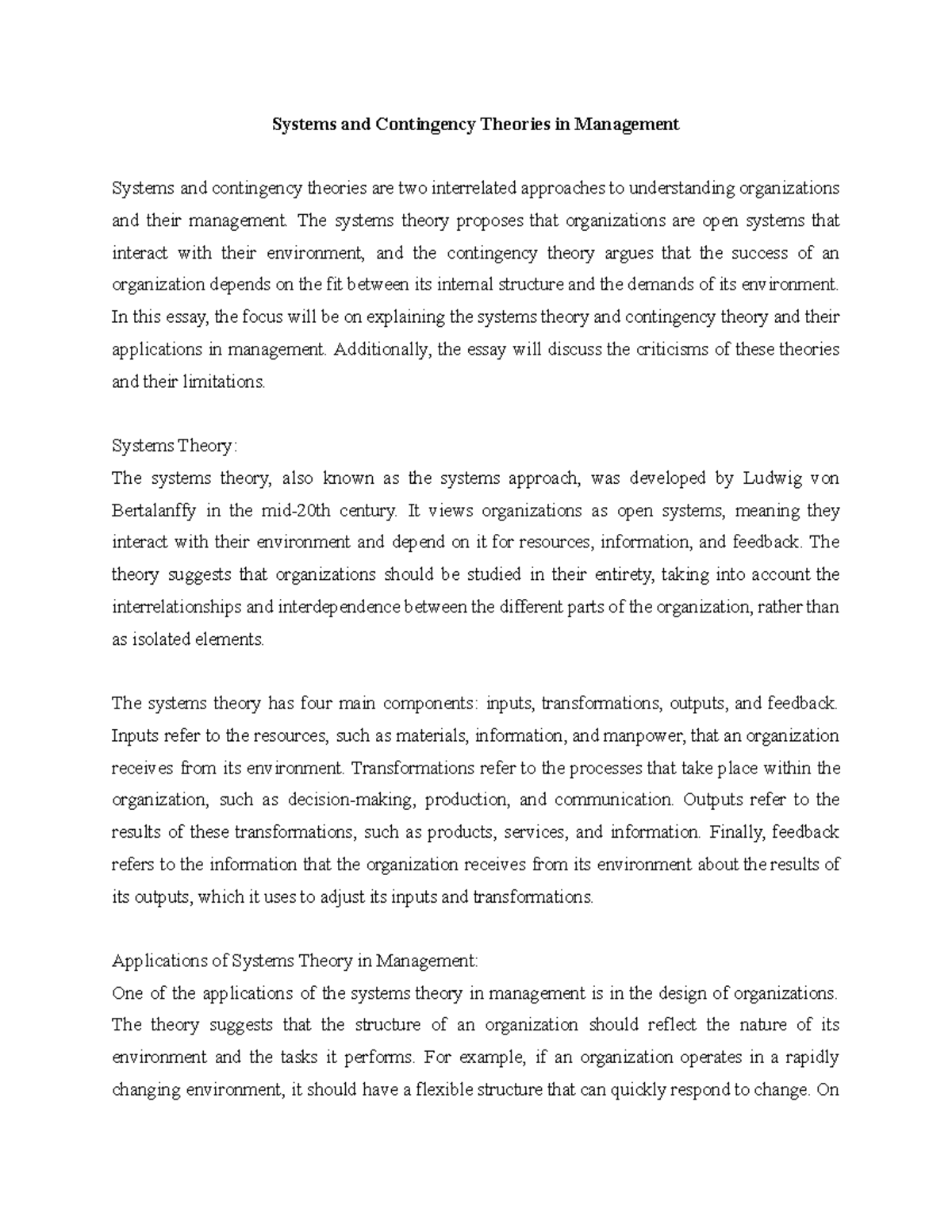 Systems and Contingency Theories in Management and Frederick Herzberg’s ...