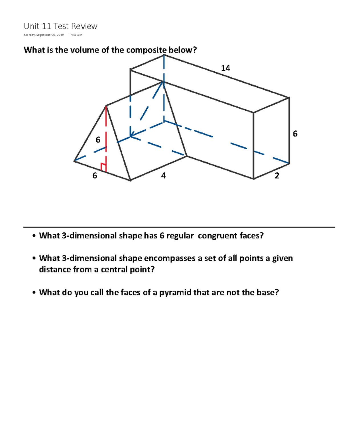 Unit 11 Test Review Blank - What 3-dimensional shape has 6 regular ...