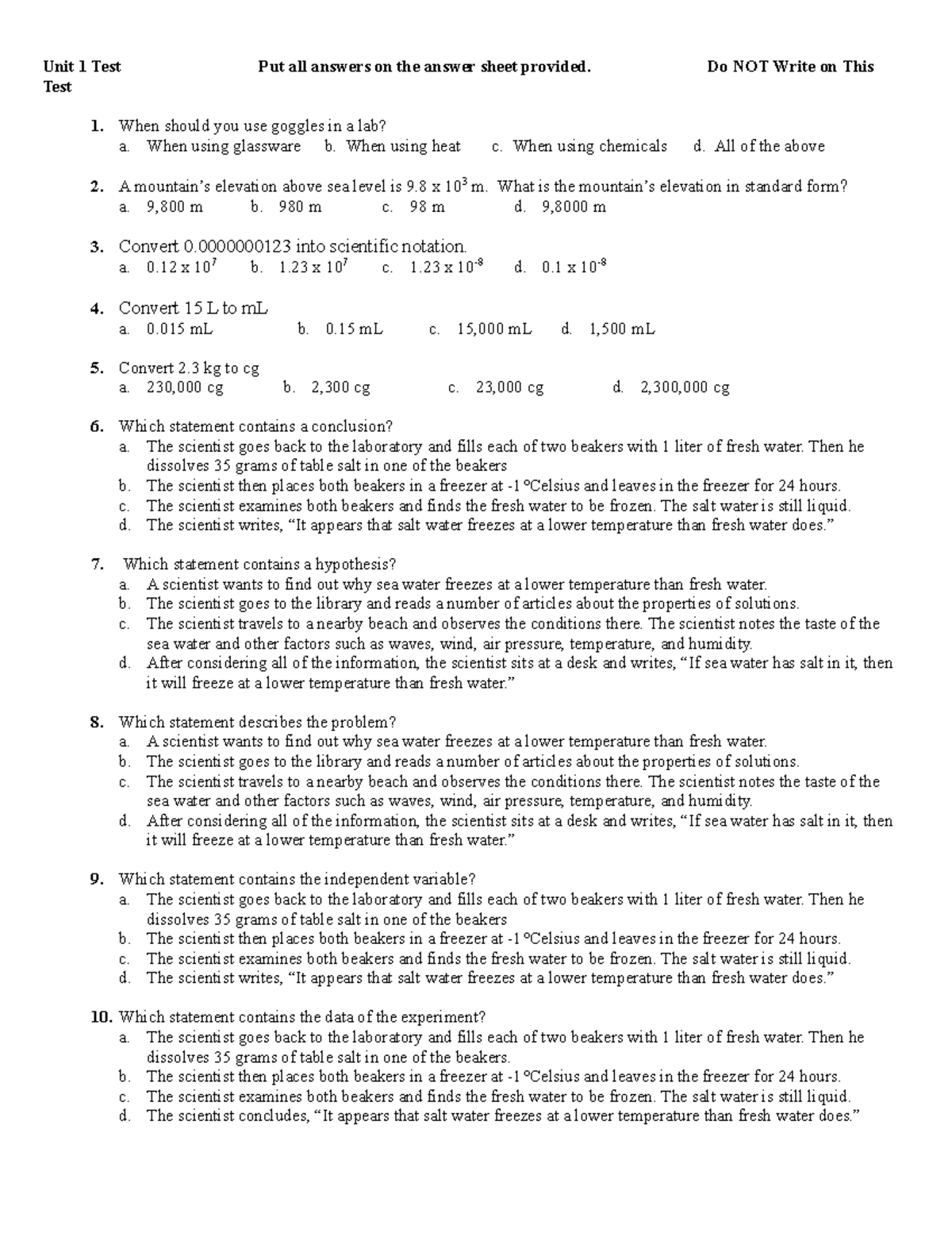 Unit 1 Test 2015 - Hjkkl - Unit 1 Test Put all answers on the answer ...