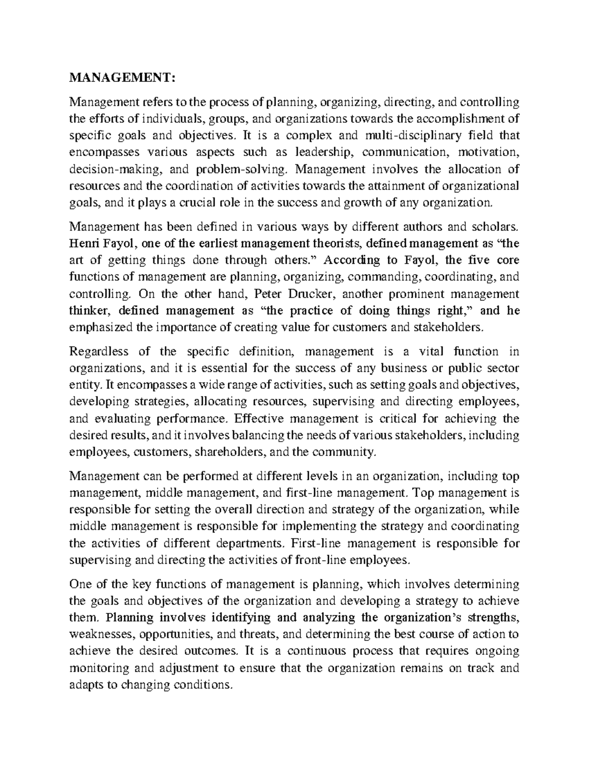 Fundamental of Management-1 - MANAGEMENT: Management refers to the ...