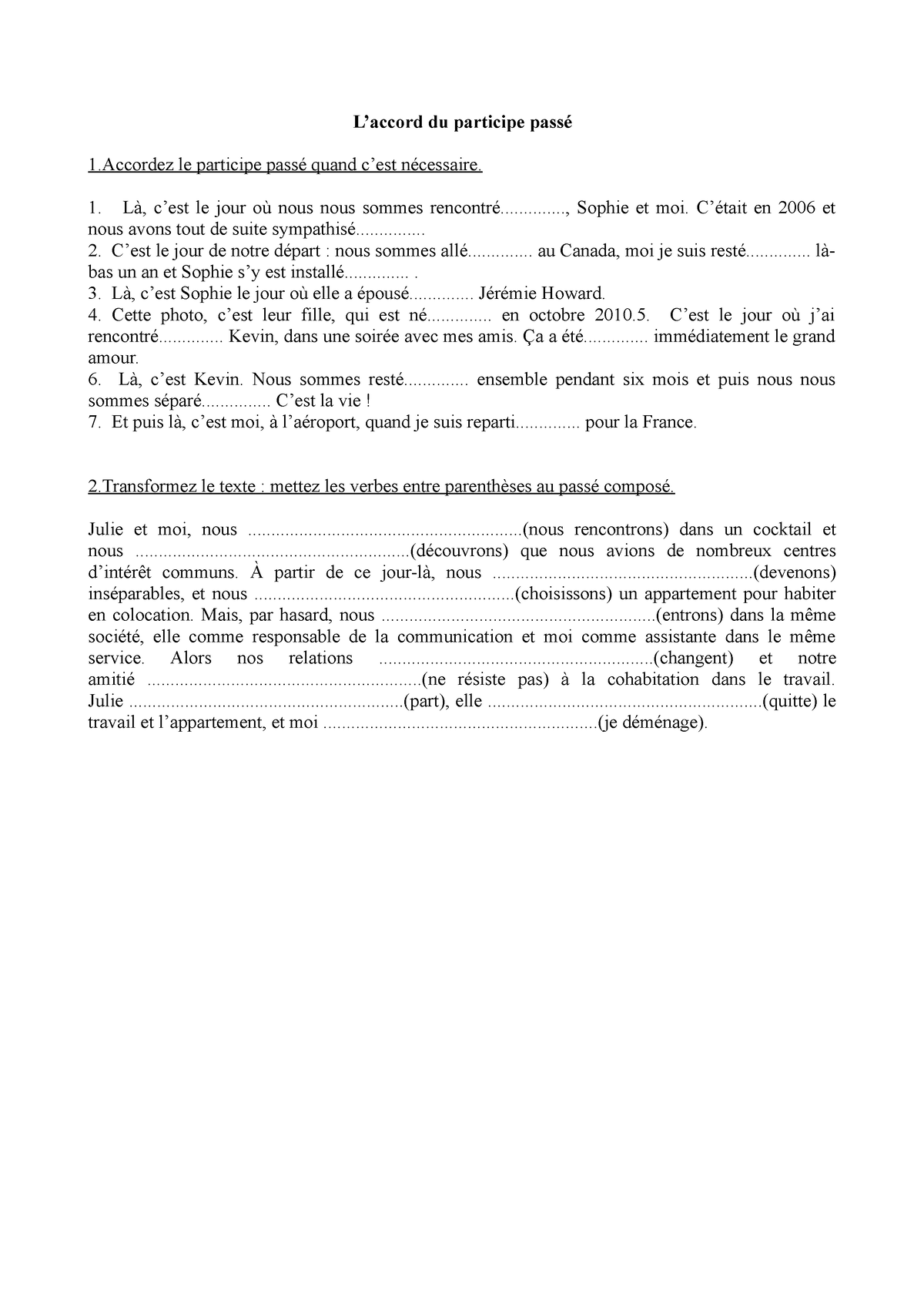 Exercices Accord Participe Passé - L’accord Du Participe Passé 1 Le ...