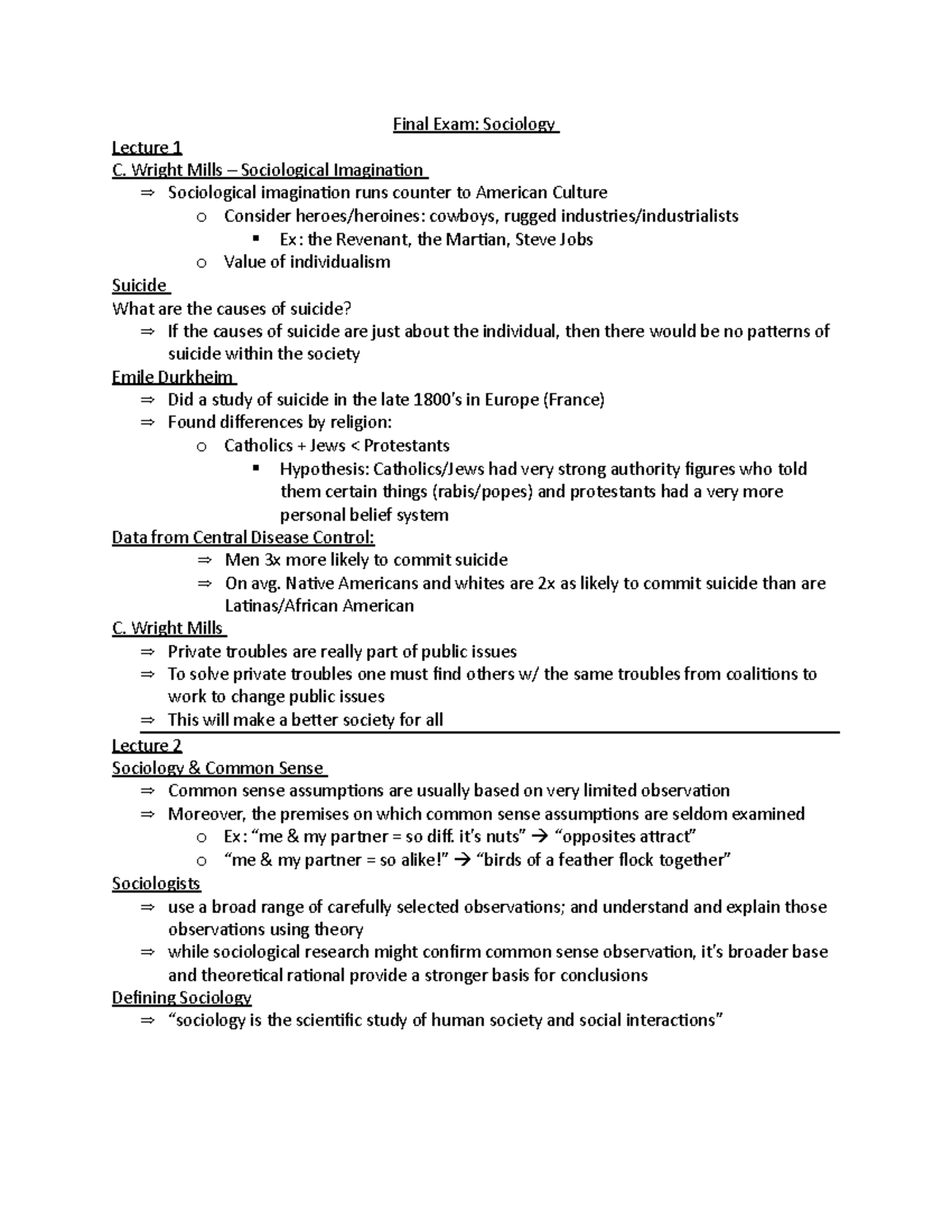 Final Exam Lecture Notes - Final Exam: Sociology Lecture 1 C. Wright ...