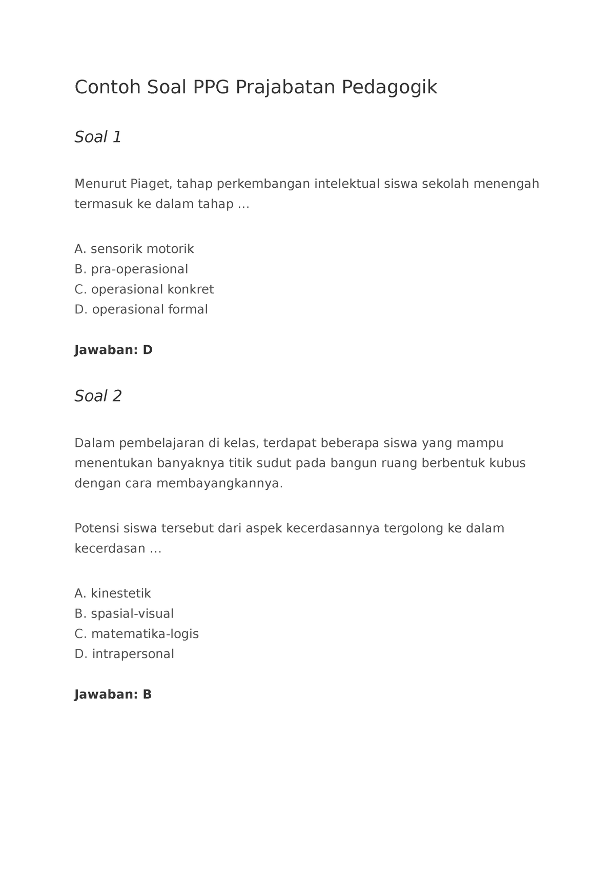 Dokumen 6 - Ppg Prajabatan - Contoh Soal PPG Prajabatan Pedagogik Soal 1 Menurut Piaget, Tahap ...