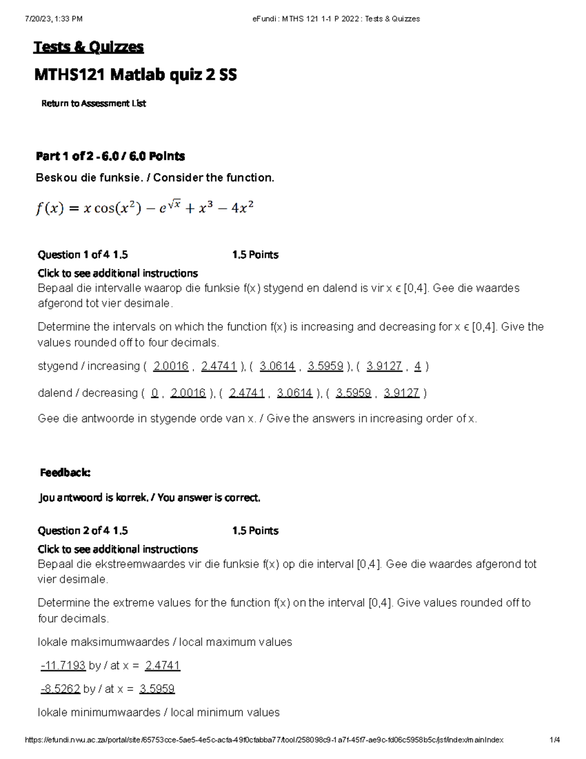 Matlab quiz 2 / Consider the function. Question 1 of 4 1 1 Points