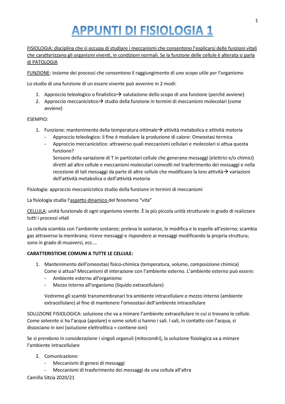 Appunti Fisiologia 1 - FISIOLOGIA: Disciplina Che Si Occupa Di Studiare ...