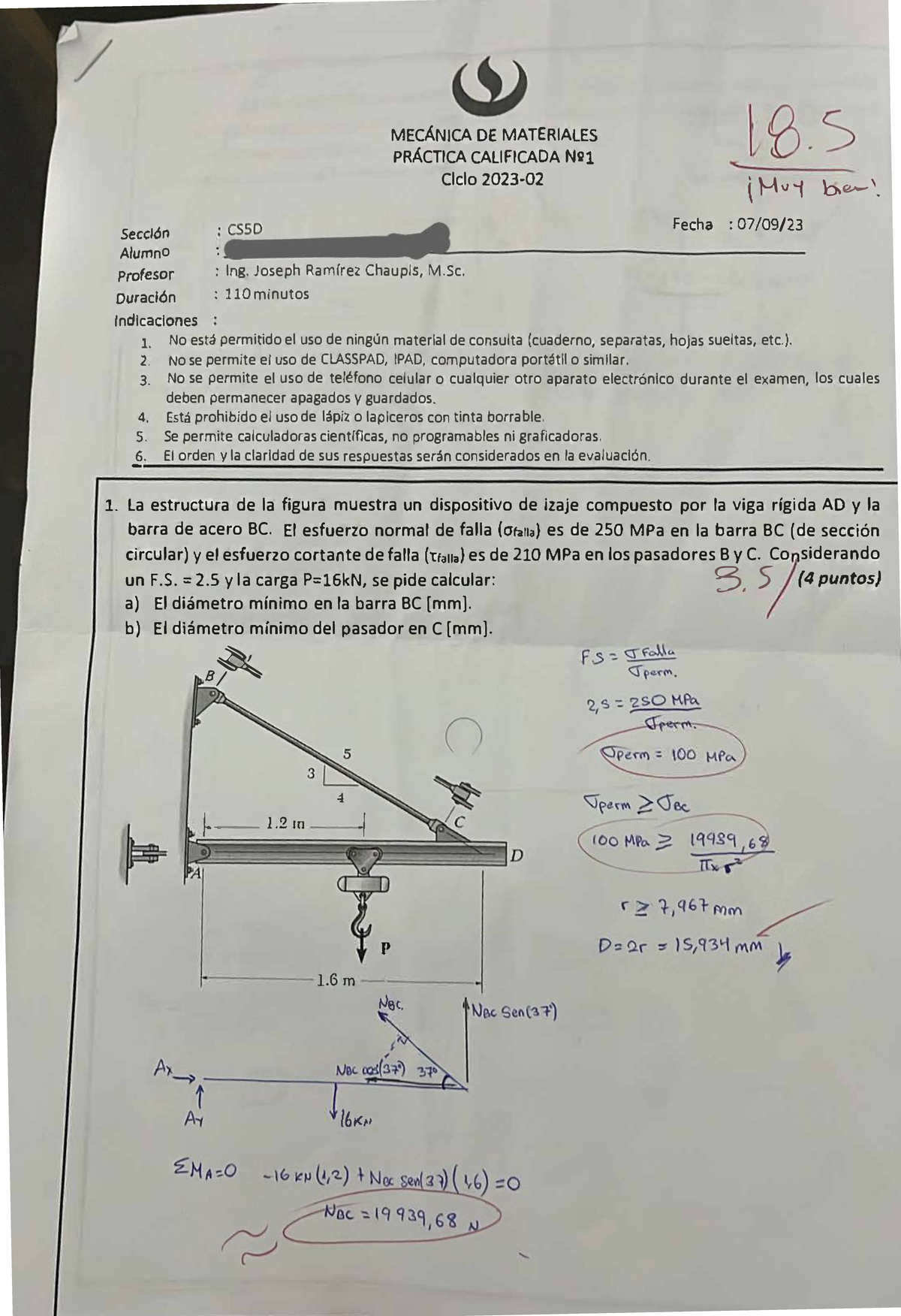 MEC. DE Materiales PC1 - Sección Alumno Profesor Duración Indicaciones ...