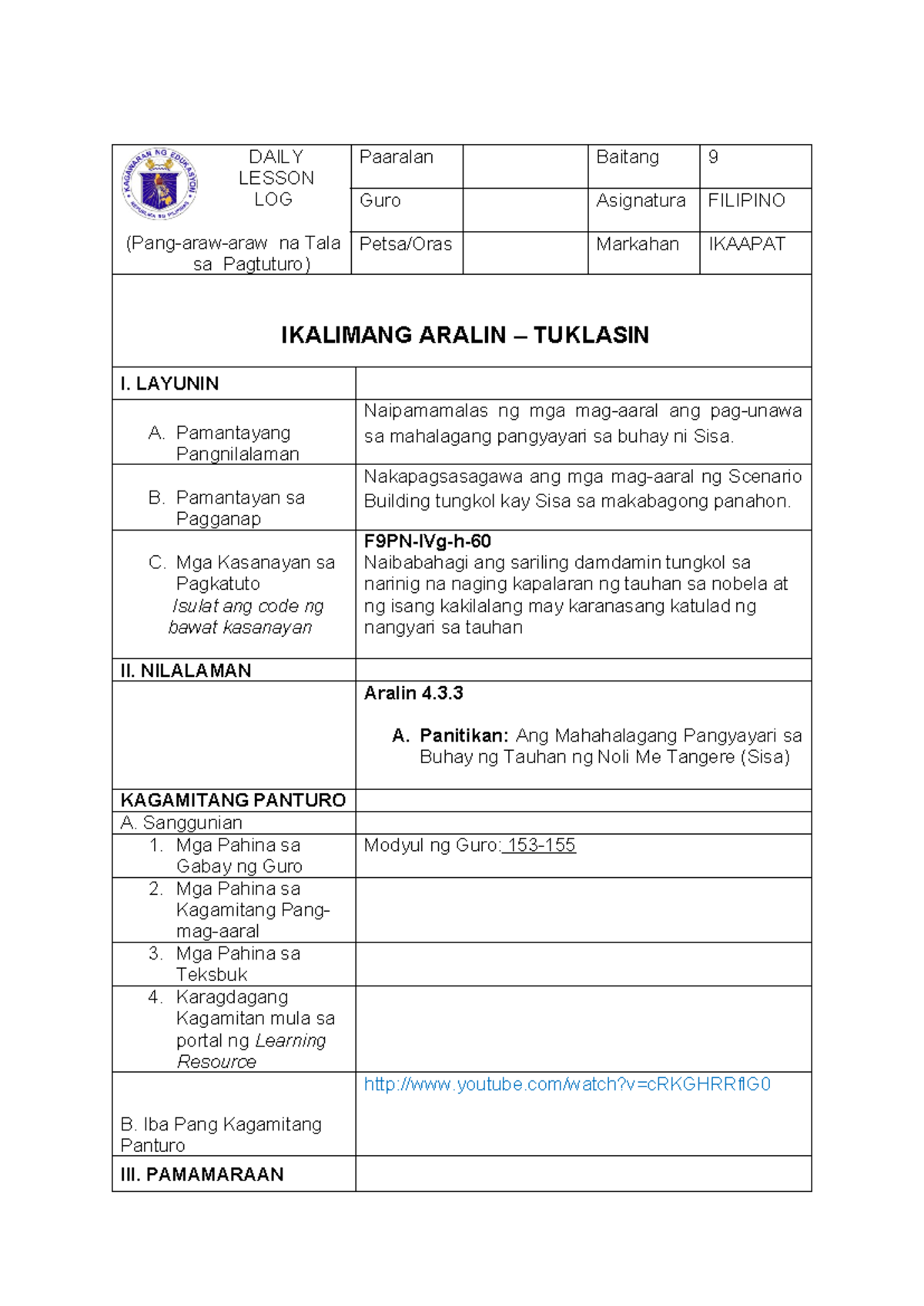 Aralin-4 - FILIPINO - DAILY LESSON LOG (Pang-araw-araw na Tala sa ...