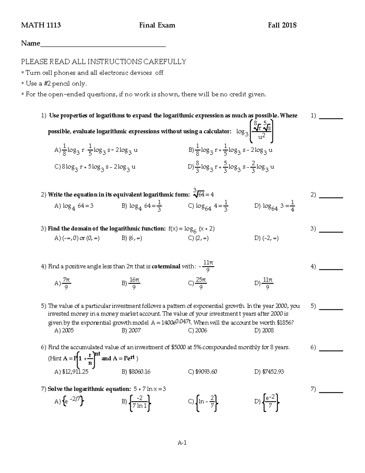 final Examination - MATH 1113 Final Exam Fall 2018 Name