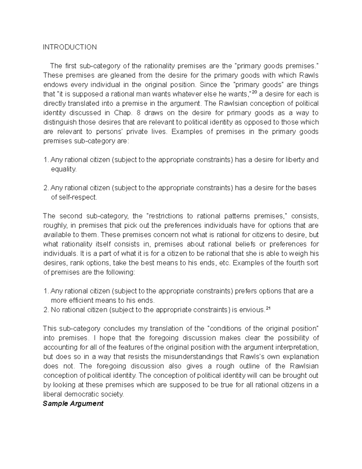 Defense of the Original Position - INTRODUCTION The first sub-category ...