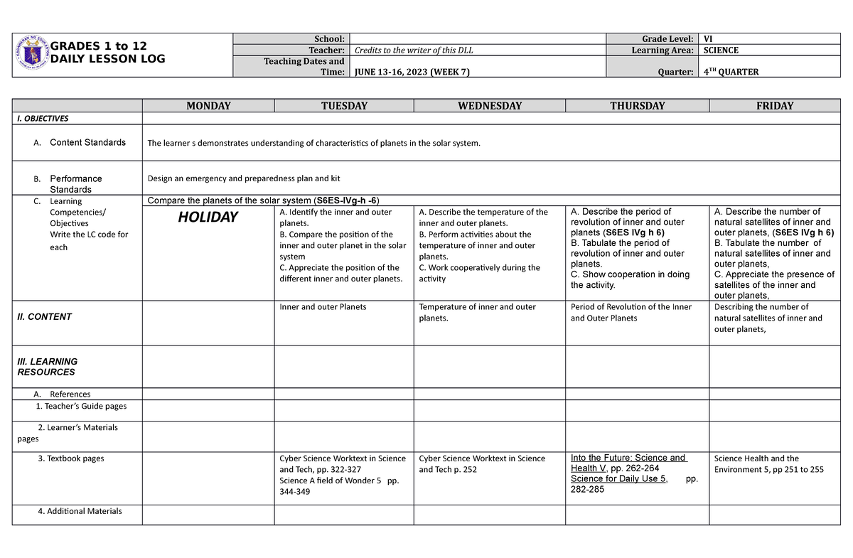 DLL Science 6 Q4 W7 - GRADES 1 to 12 DAILY LESSON LOG School: Grade ...