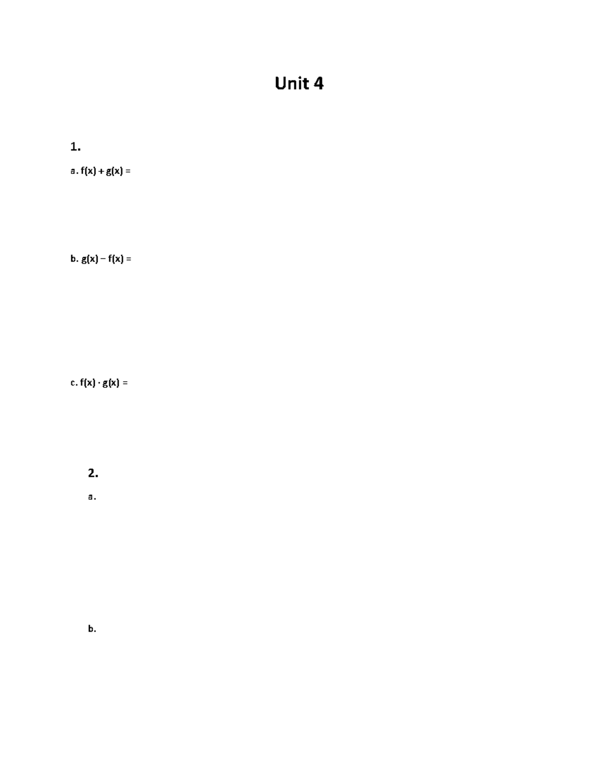 Unit 4 Solved Exercises Of Functions Unit 4 1 A F X G X B G X − F X C F X ∙ G