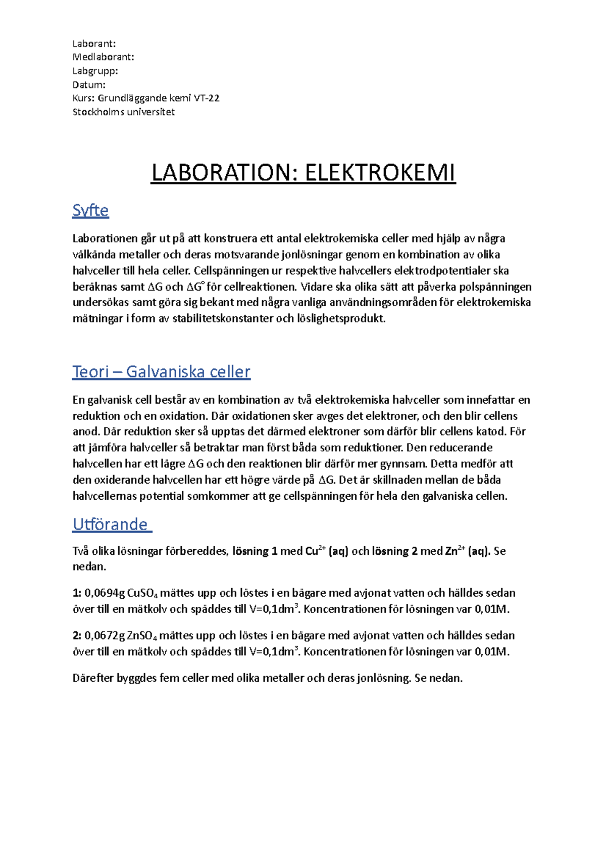 Laboration 6 Elektrokemi Godkänd Laboration. - Medlaborant: Labgrupp ...