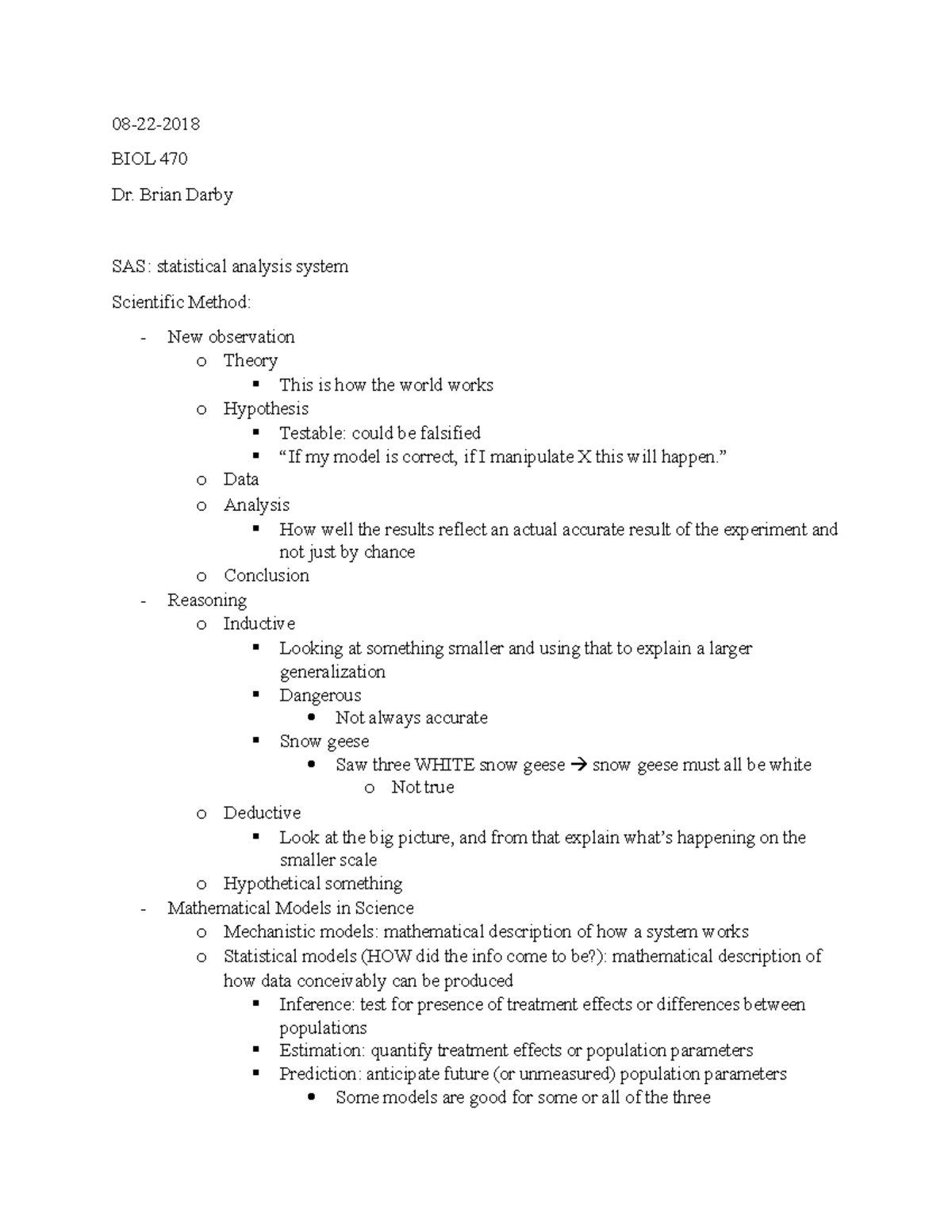 08-22-2018 Notes - Dr. Brian Darby - 08-22-2018 BIOL 470 Dr. Brian ...