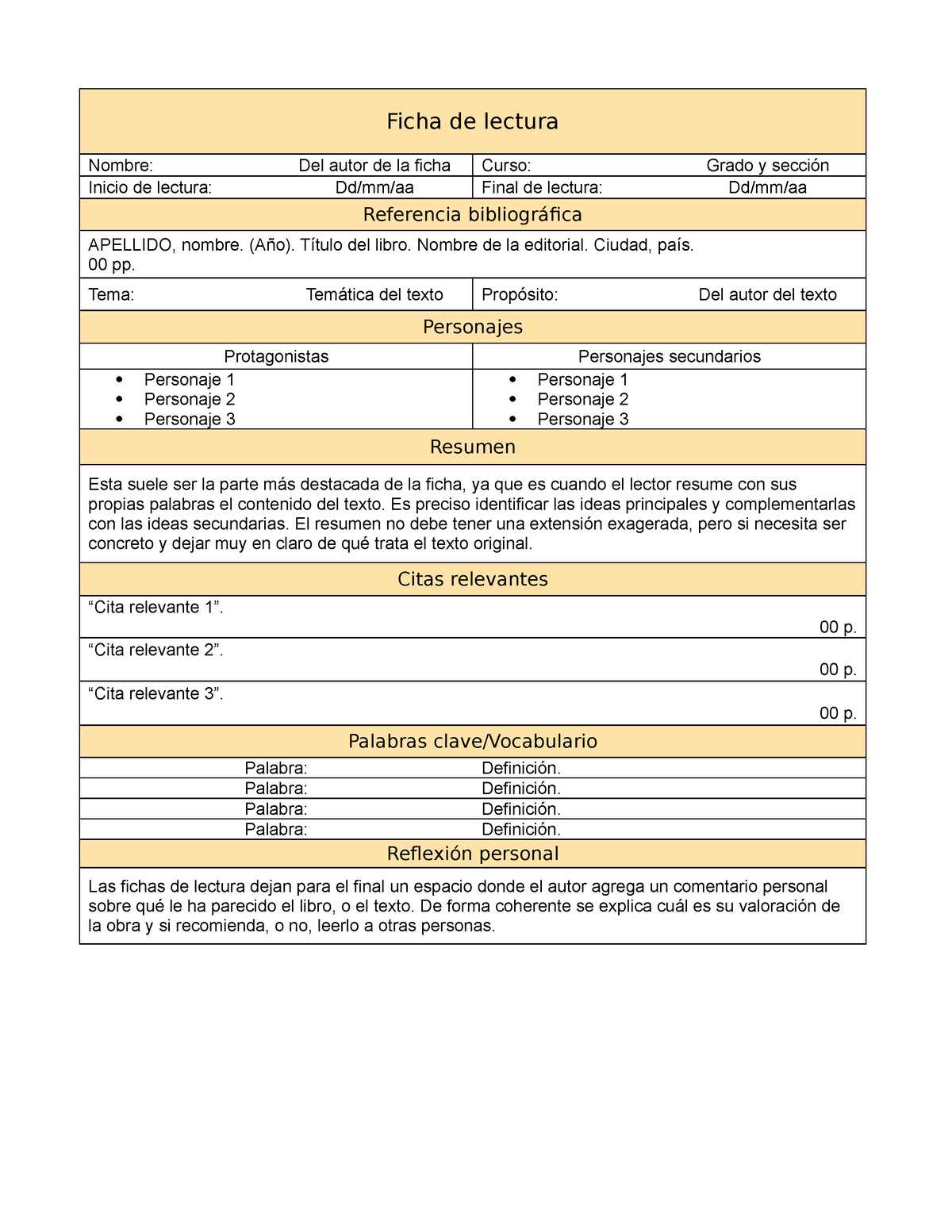 Formato De Ficha De Lectura Secundaria Ficha De Lectura Nombre Del Autor De La Ficha Curso 8399