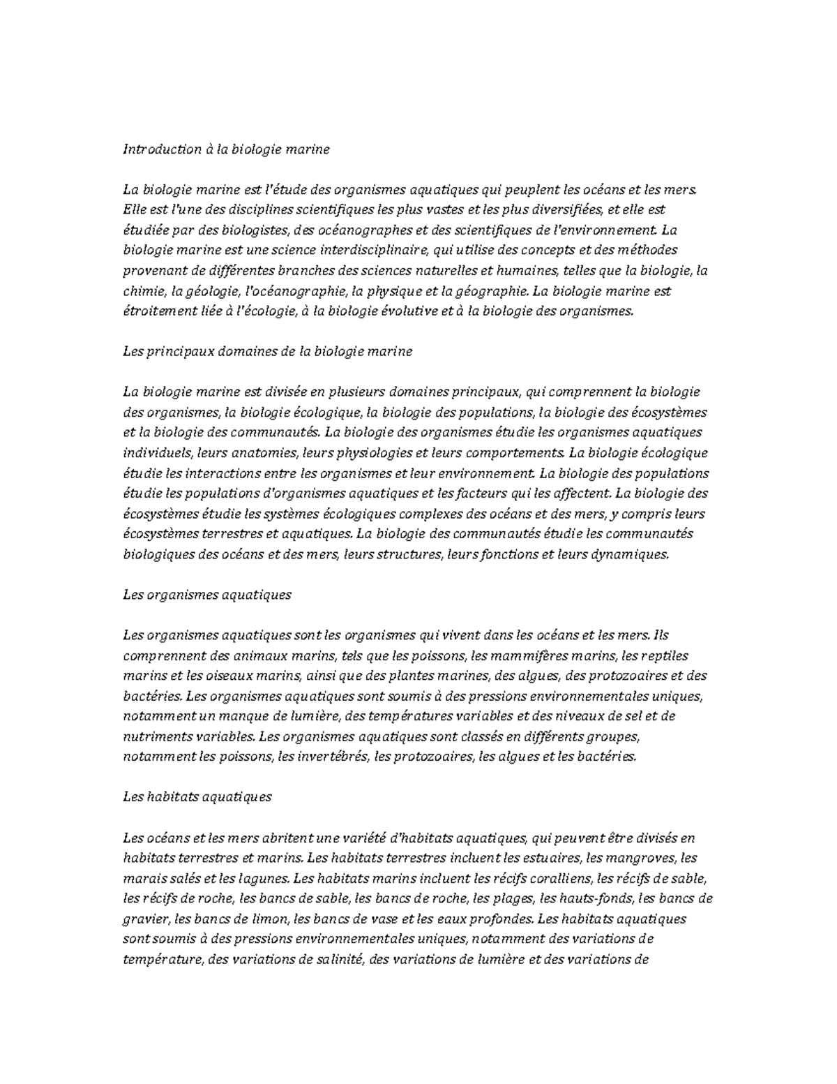 Marine Biology Study Notes Introduction à la biologie marine La — free download