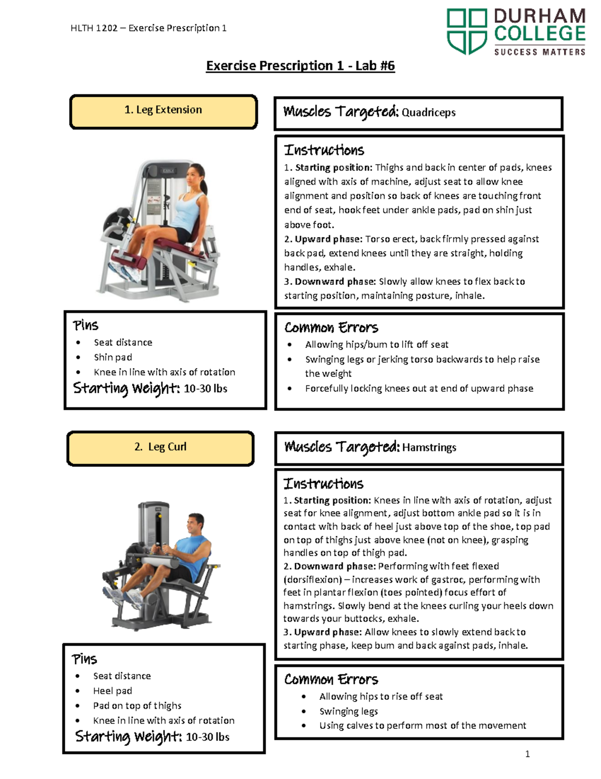 HLTH 1202 - Lab 6 Handout F22 - Exercise Prescription 1 - Lab # Muscles ...