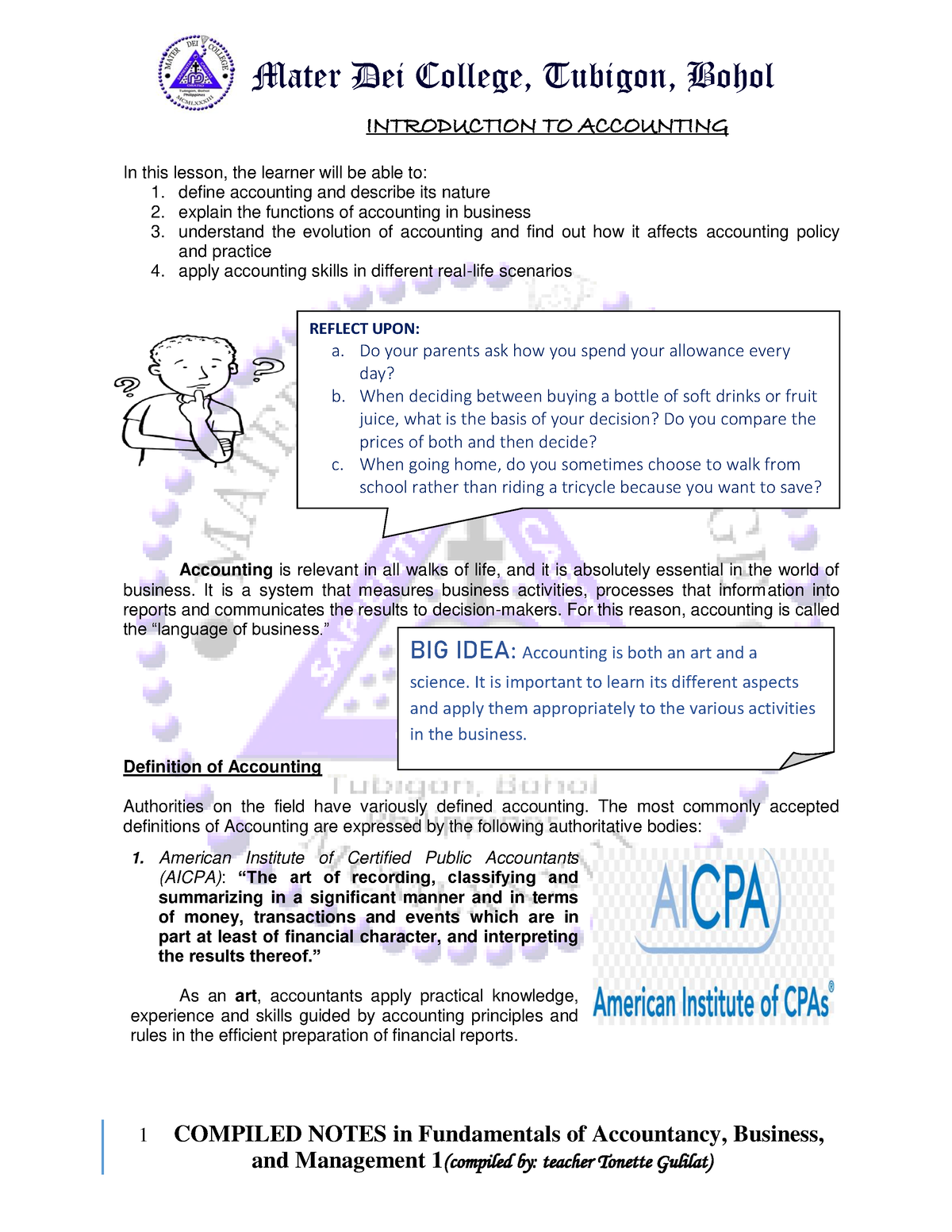 FABM W1 ( Intro TO Accounting) - 1 COMPILED NOTES In Fundamentals Of ...