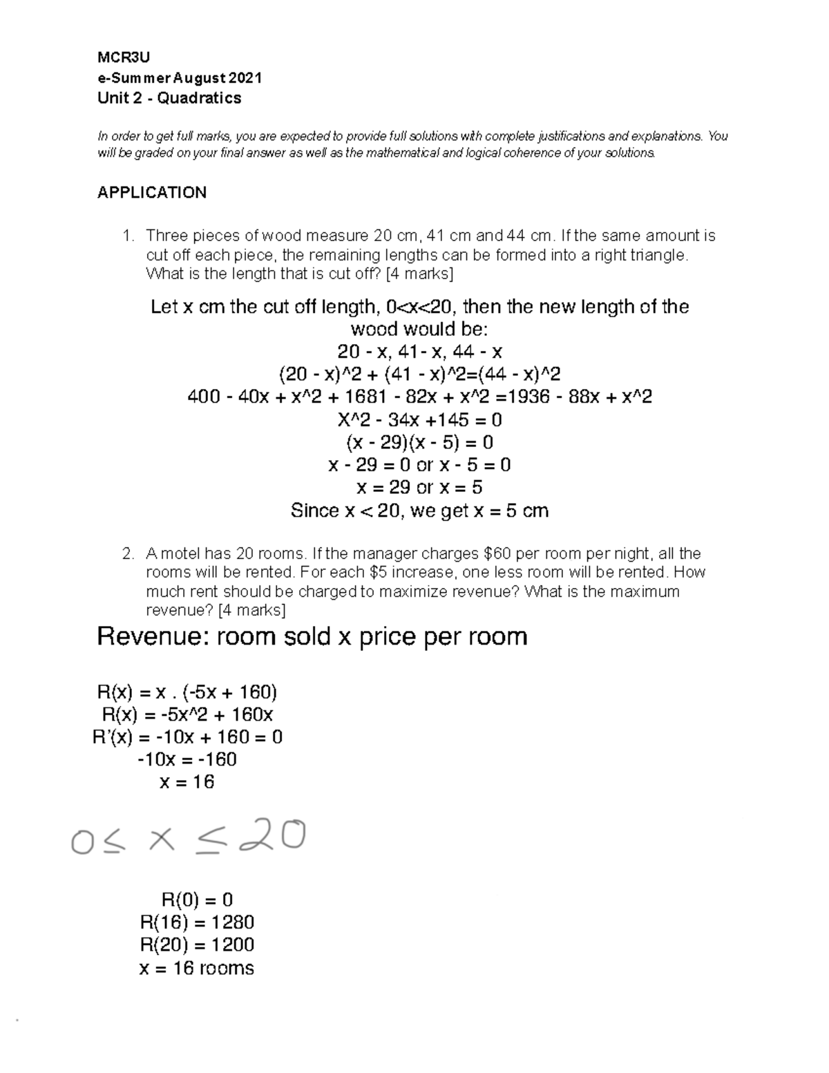 MCR3U - Unit 2 (Application) - MCR3U E-Summer August 2021 Unit 2 ...