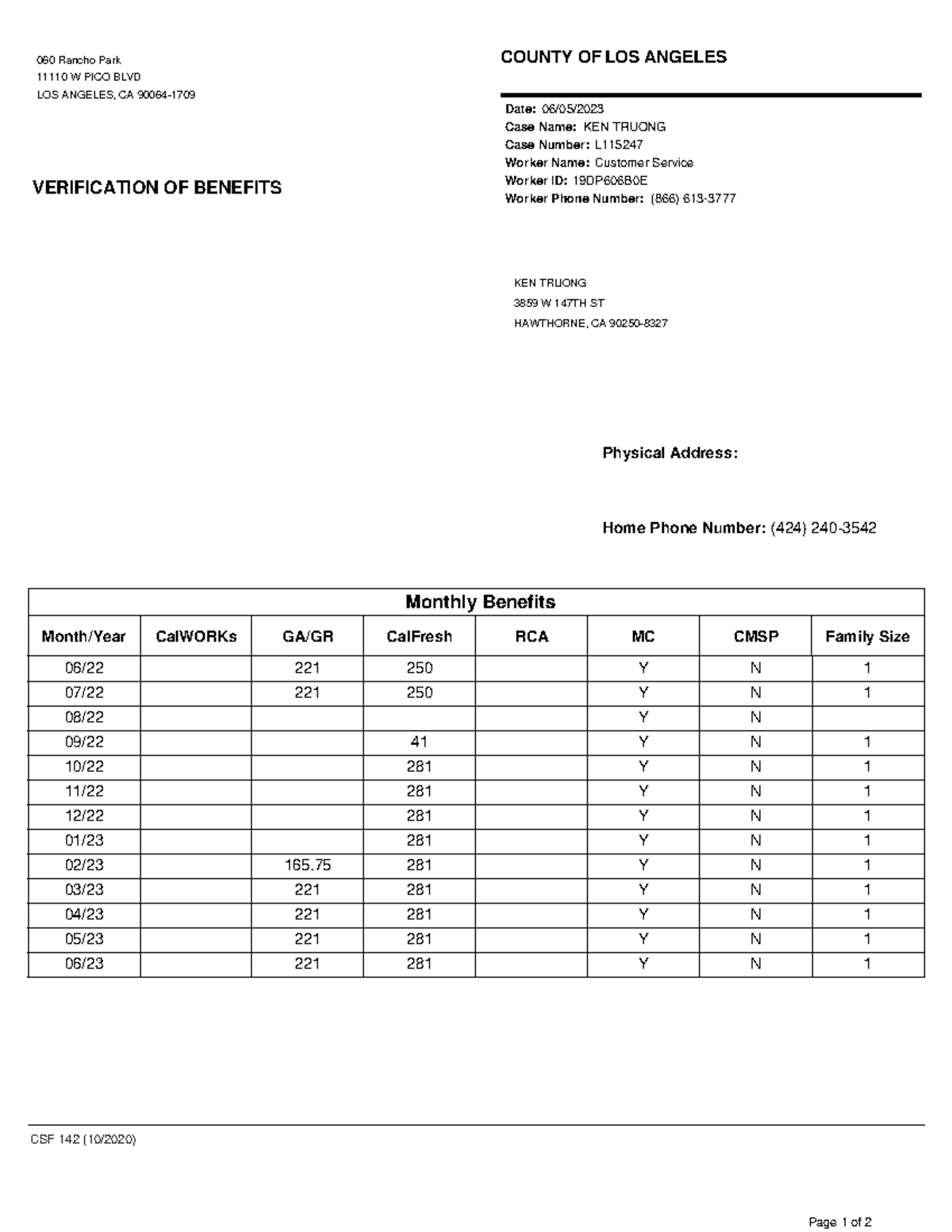 Verification of Benefits CSF 142 (10/2020) Page 1 of 2 060 Rancho