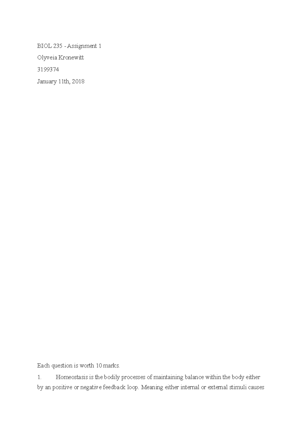 Biol 235 Assignment 1 Biol 235 Assignment 1 Olyveia Kronewitt