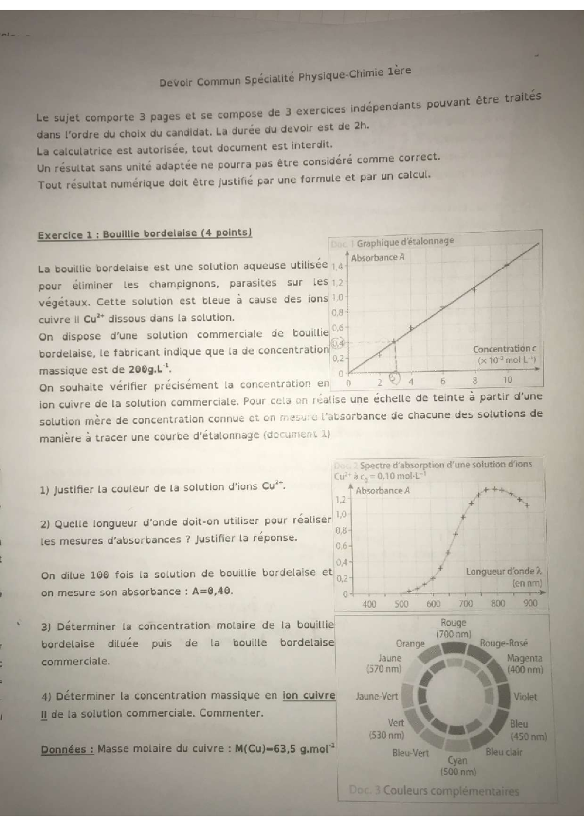 Devoir Commun (3h30) - Sujet - Physique-chimie - Studocu