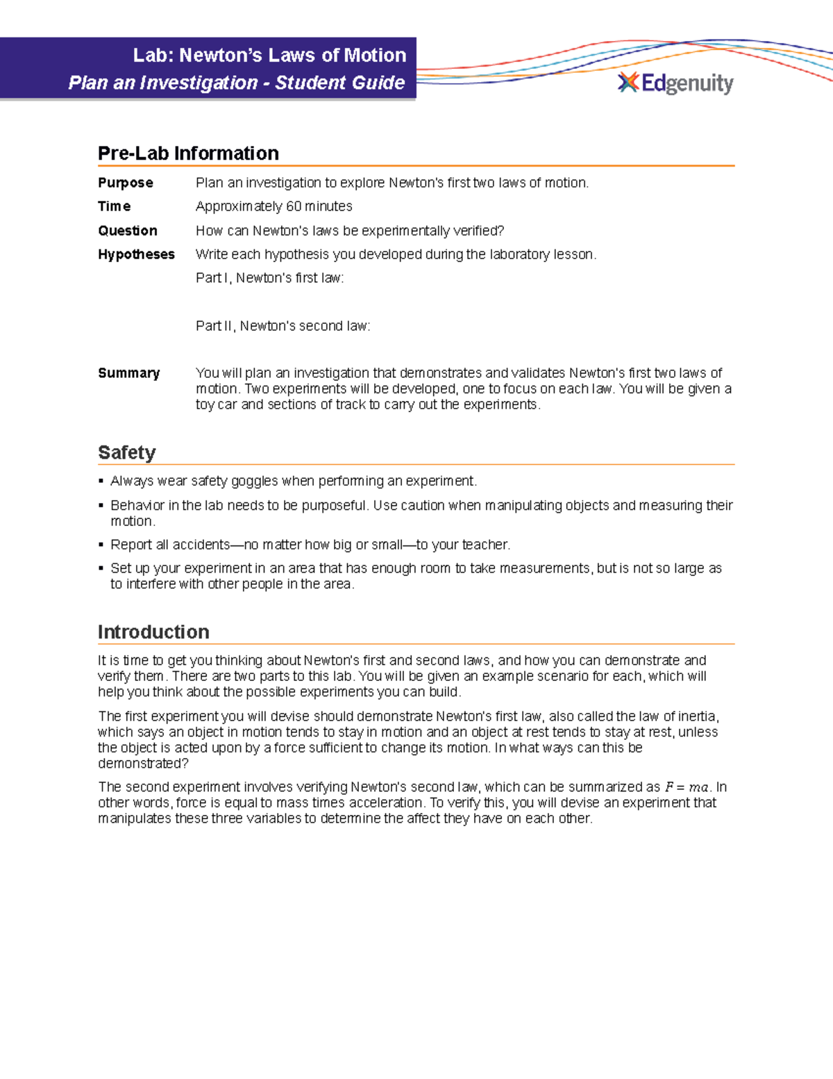 LabNewton's Laws of MotionPlan an Investigationstudent guide Pre