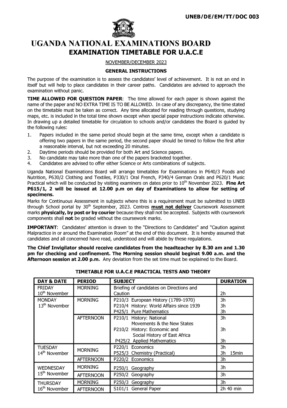 UACE 2023 TIME Table - UGANDA NATIONAL EXAMINATIONS BOARD EXAMINATION ...