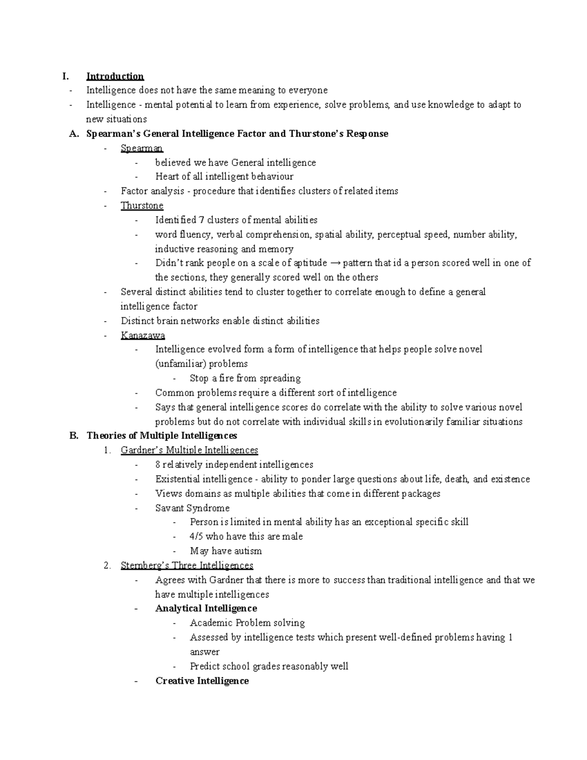 Chapter 10 - Intelligence - I. Introduction - Intelligence does not ...