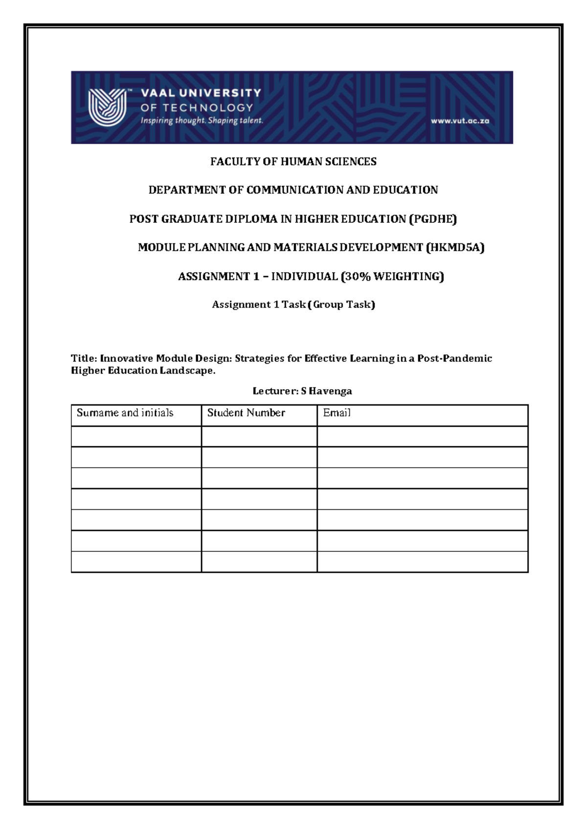 Assignment 1 Hkhmd 5A - FACULTY OF HUMAN SCIENCES DEPARTMENT OF ...