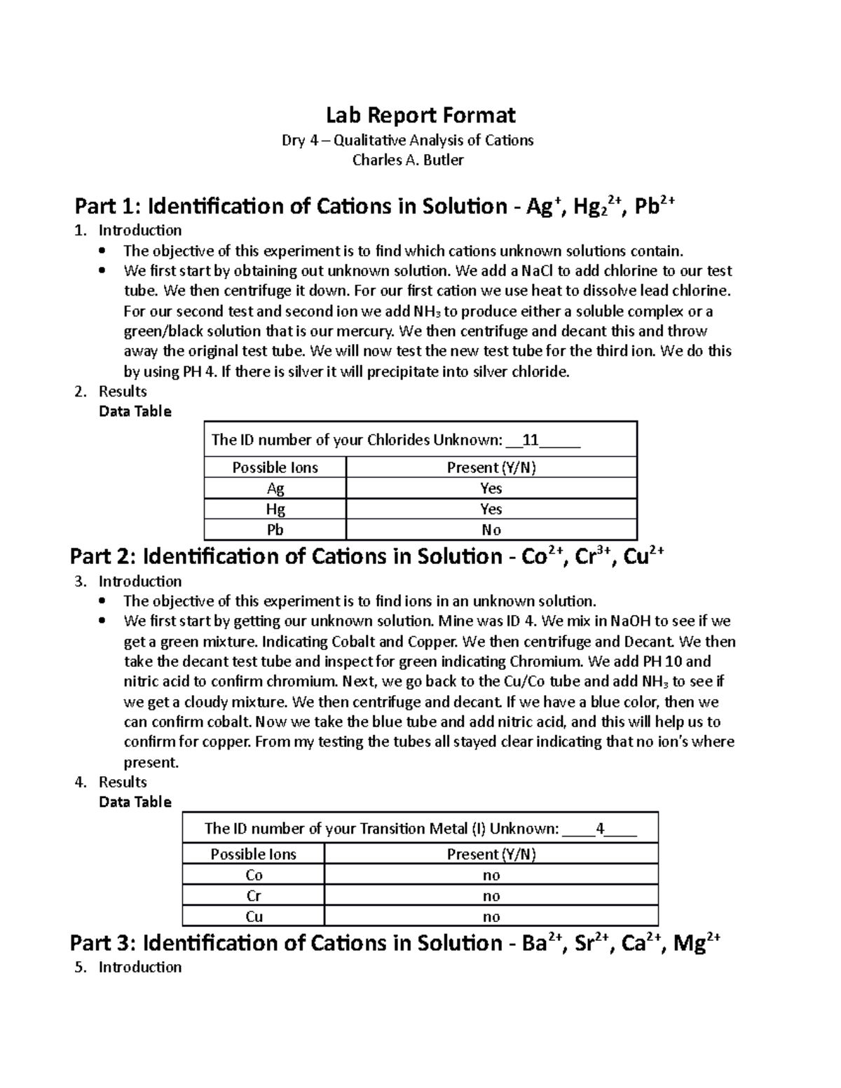 Dry 4 Qualitative Analysis of Cations Lab Report Lab Report