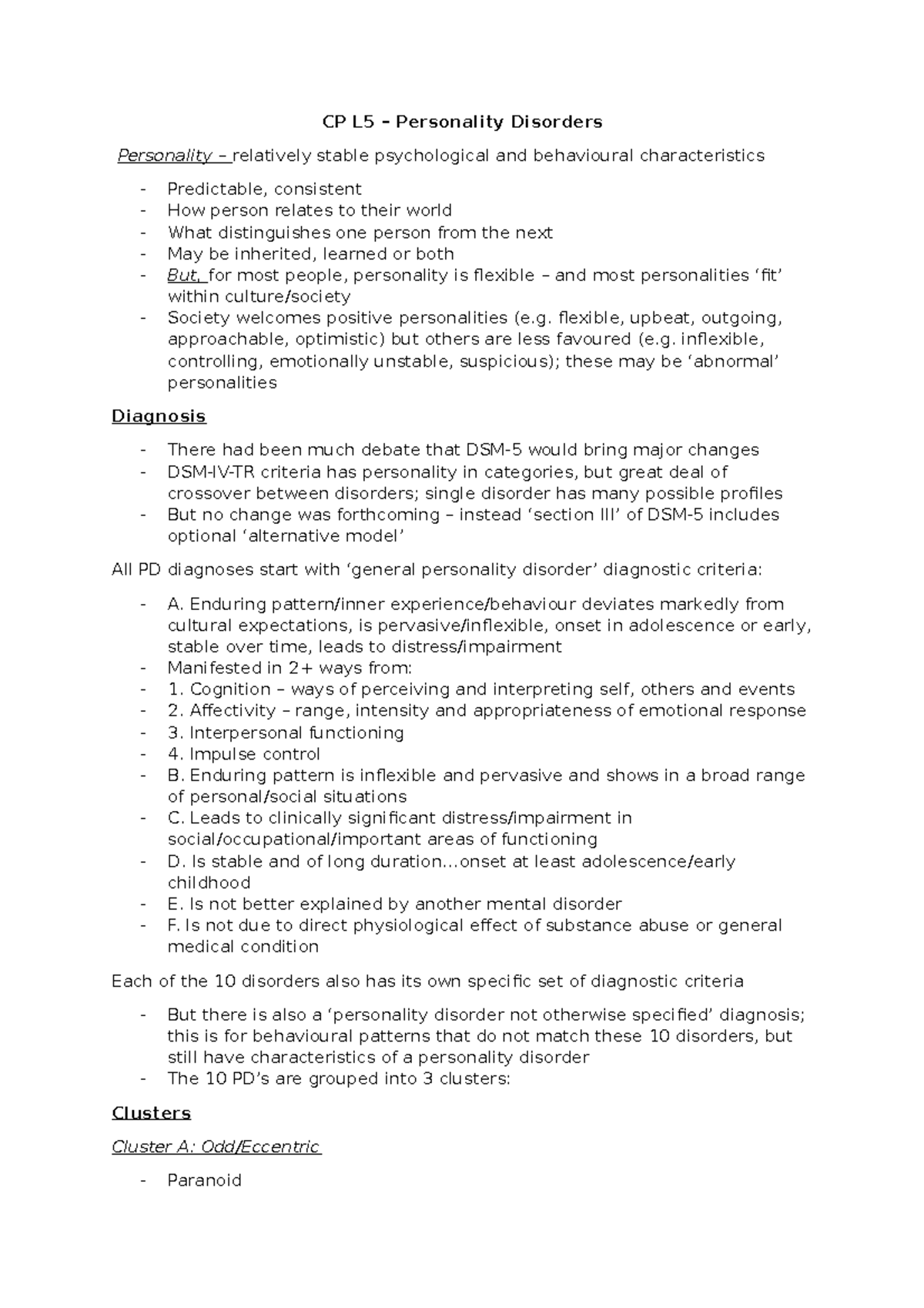 CP L5 - Personality Disorders - CP L5 – Personality Disorders ...