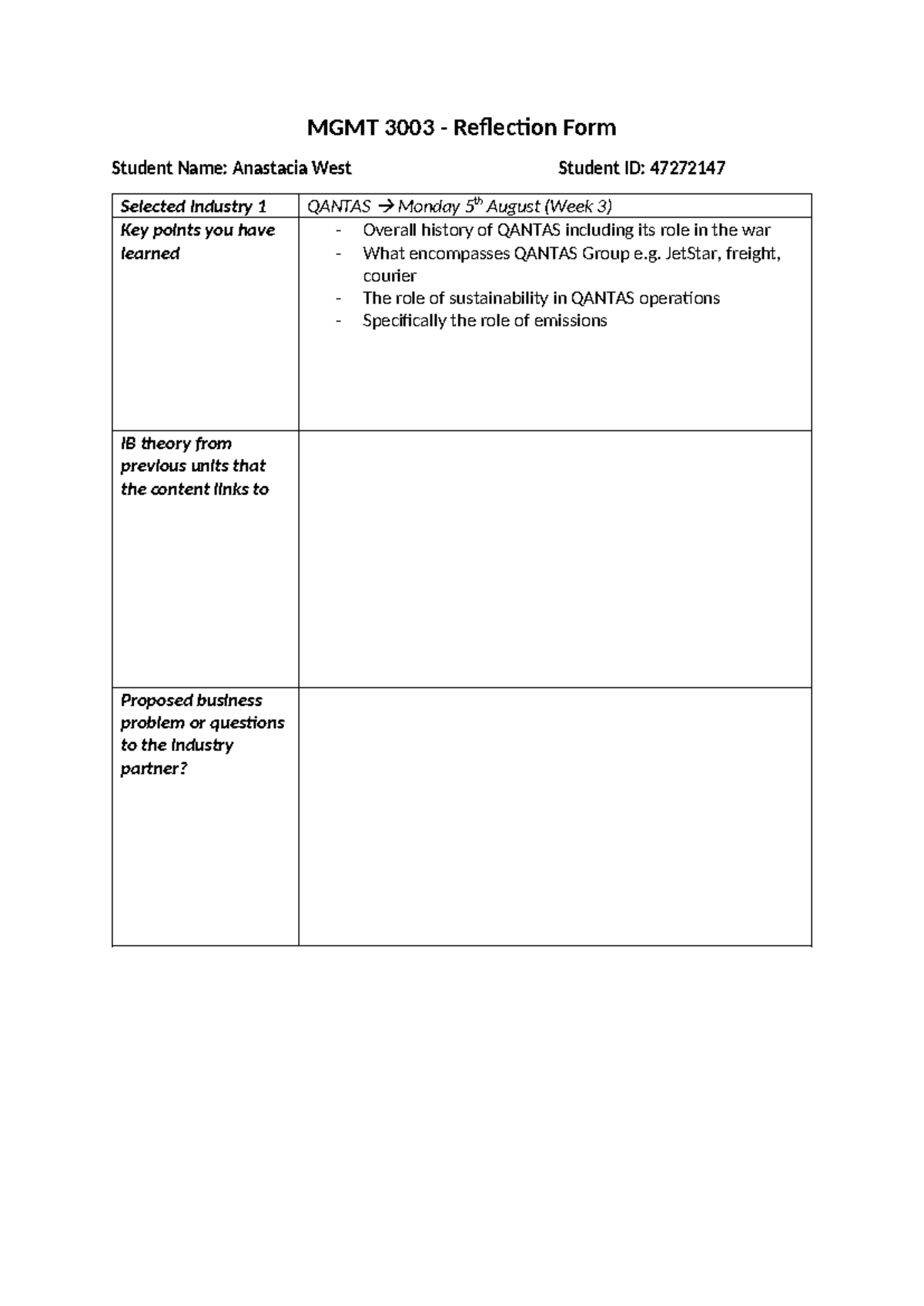MGMT3003 Reflection Form Template MGMT 3003 Reflection Form Student