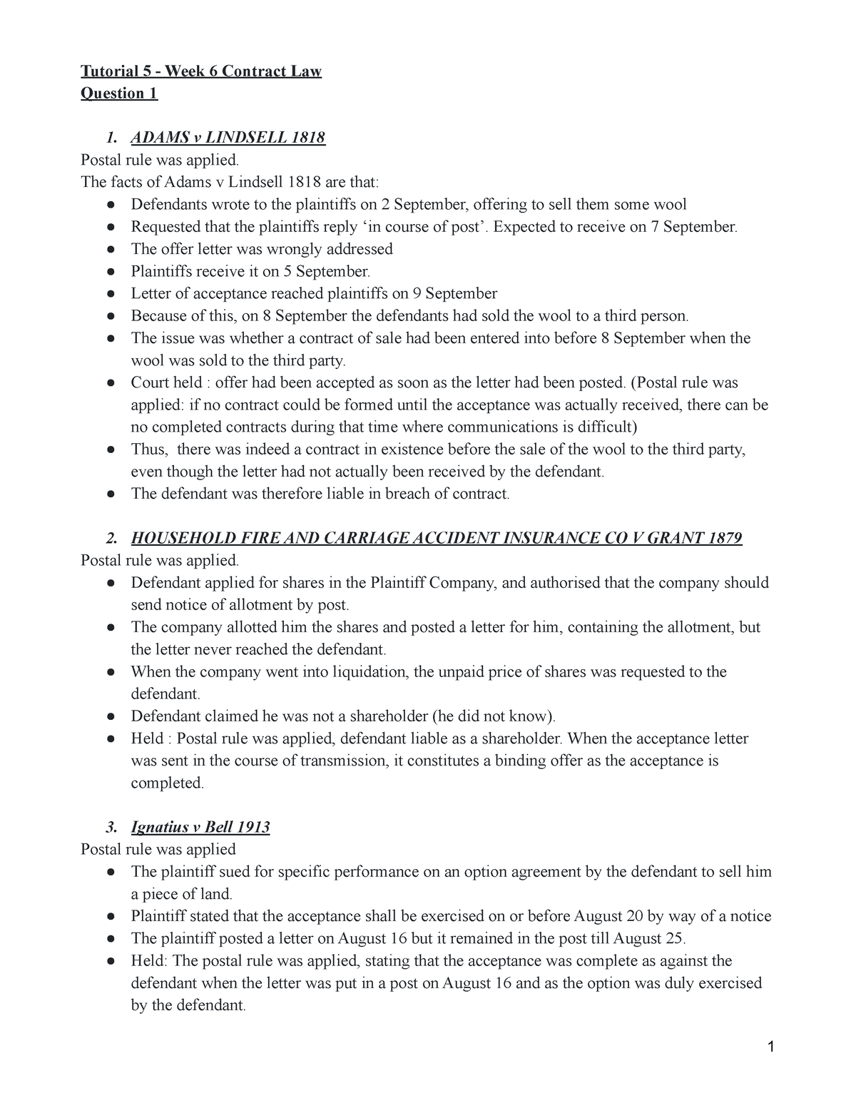 Tutorial 5 Contract Law - Tutorial 5 - Week 6 Contract Law Question 1 ...