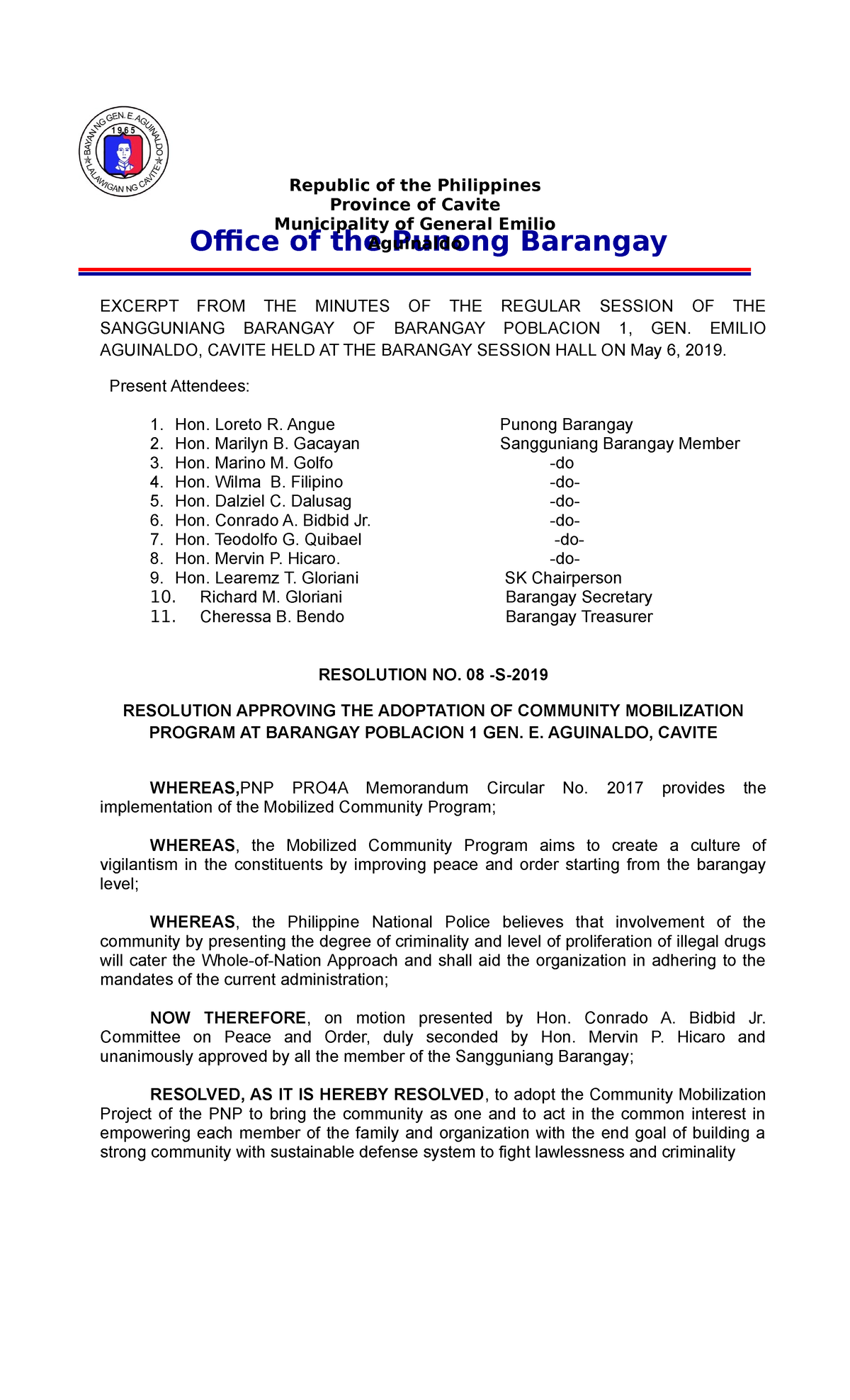 Resolution NR. 2 ( Mobilization) - Office of the Punong Barangay ...