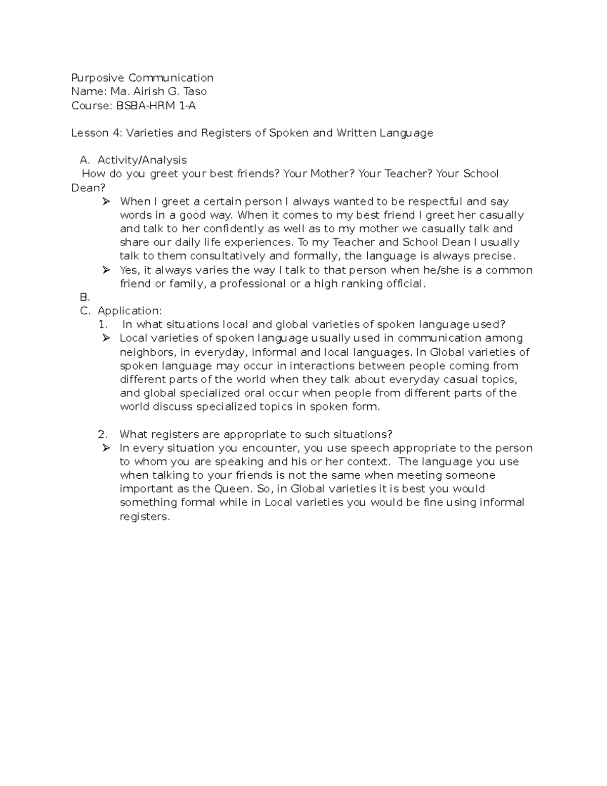 Lesson 4 ; Purposive communication - Purposive Communication Name: Ma ...