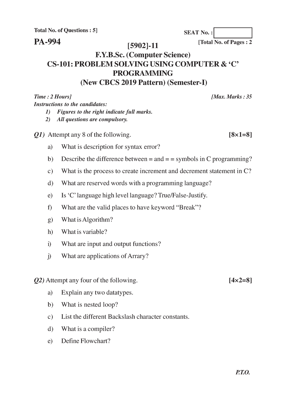 B.SC ( Computer Science ) 2019 Pattern - Total No. Of Questions : 5 ...