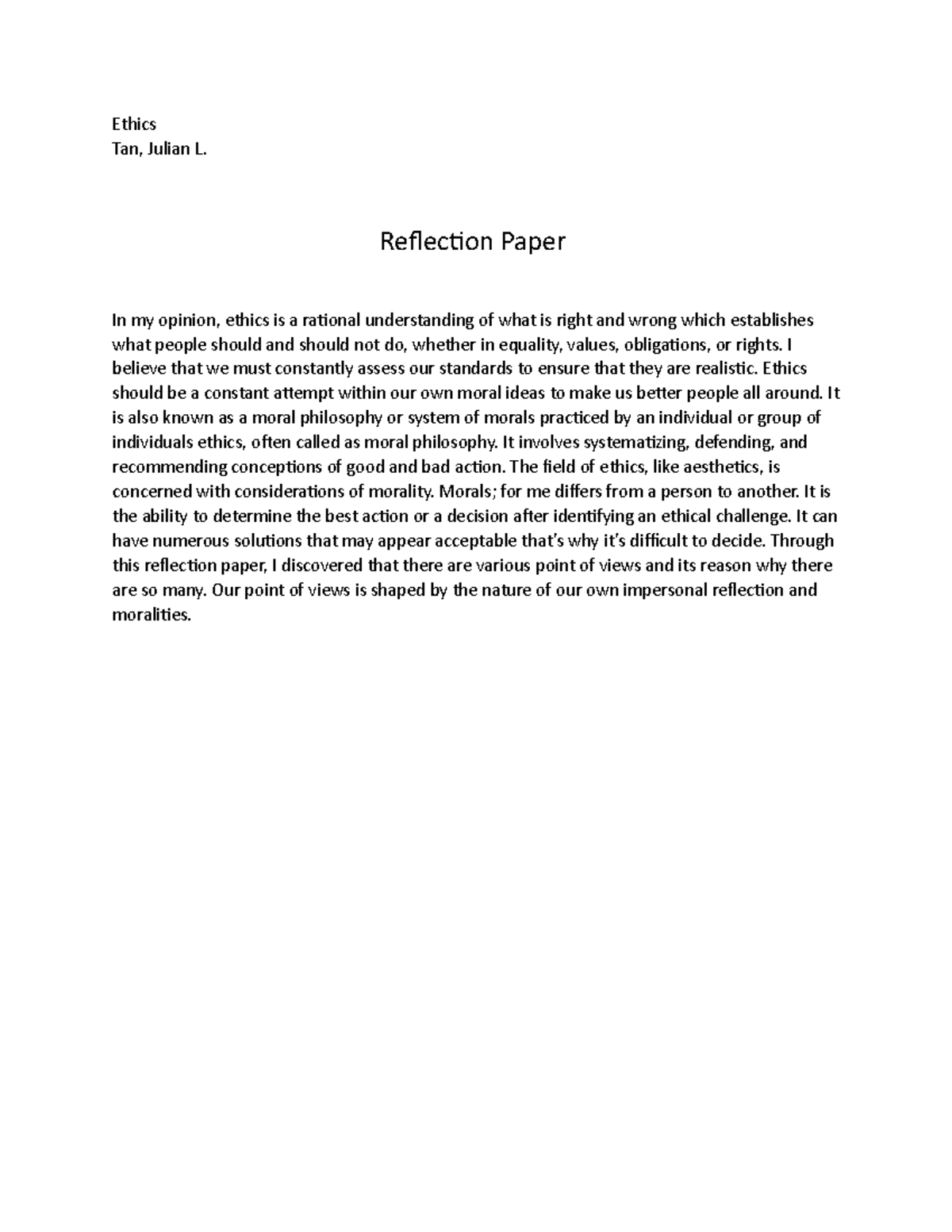 Ethics Unfinished - About Marketing - Ethics Tan, Julian L. Reflection ...