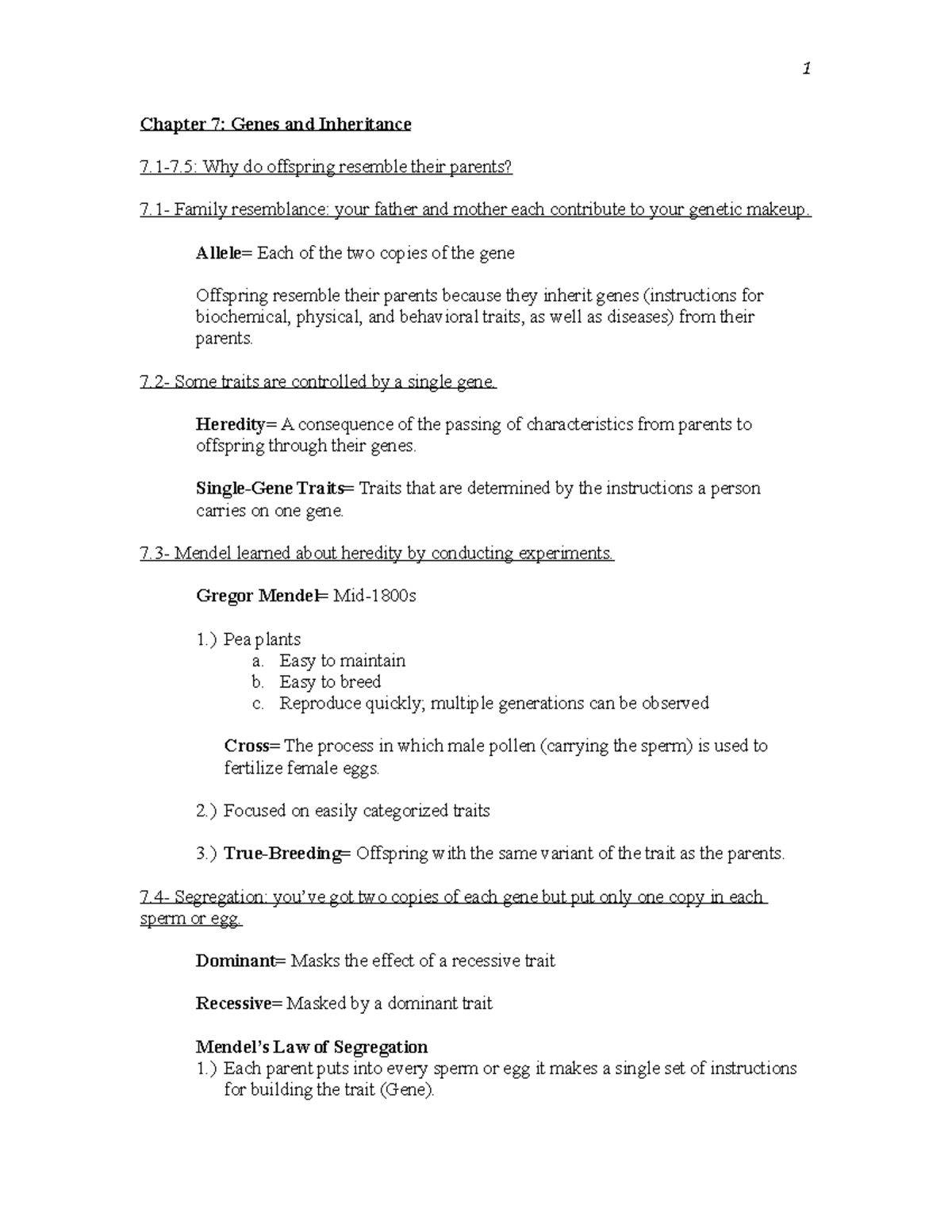Exam 3 Notes Ch. 7, 20, 21 - 1 Chapter 7: Genes and Inheritance 7.1-7 ...