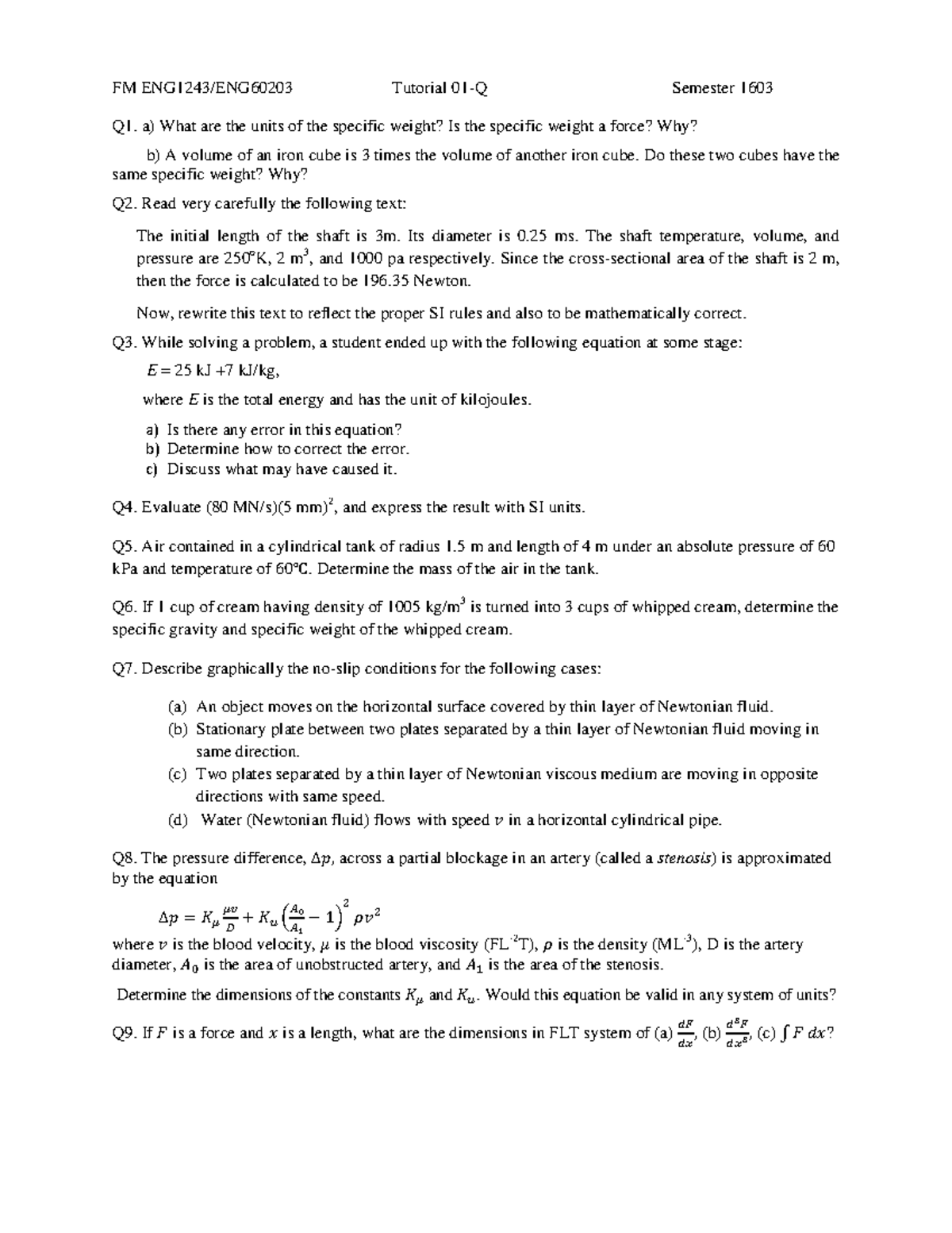 Tutorial work - Fluid Mechanics - Tutorial 1 Introduction and Basic ...