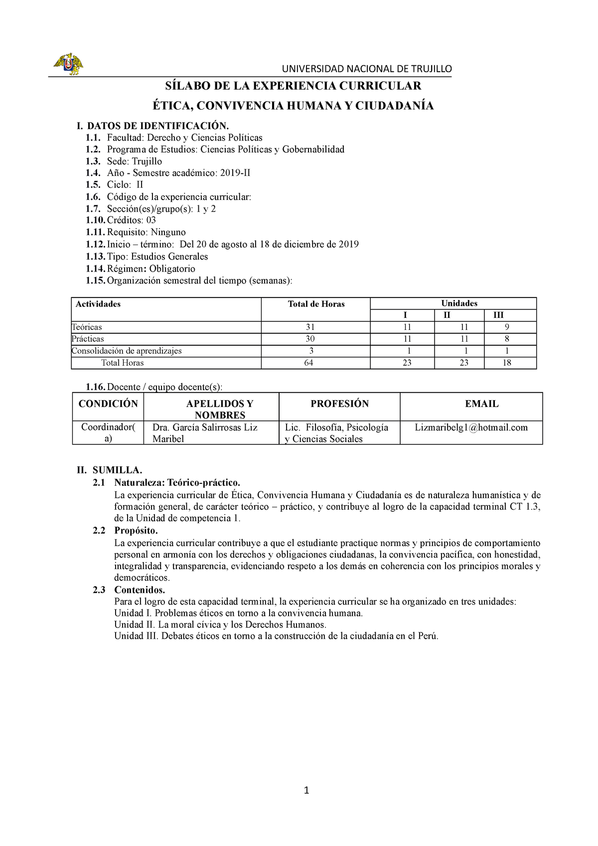 Sílabo Ética Convivencia Humana Y Ciudadanía 2019 Universidad Nacional De Trujillo SÍlabo De 3043