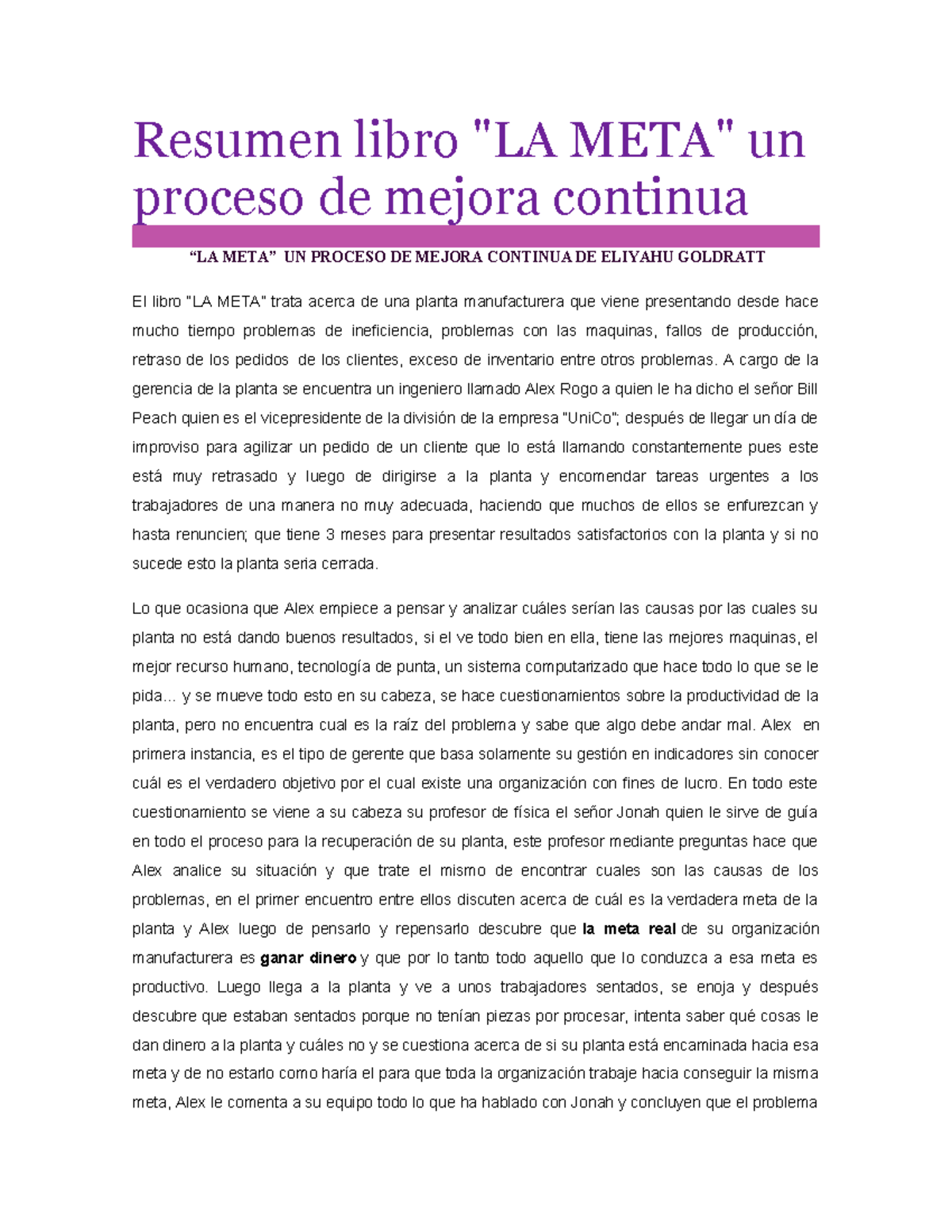 Resumen libro LA META un proceso de mejo - Resumen libro 
