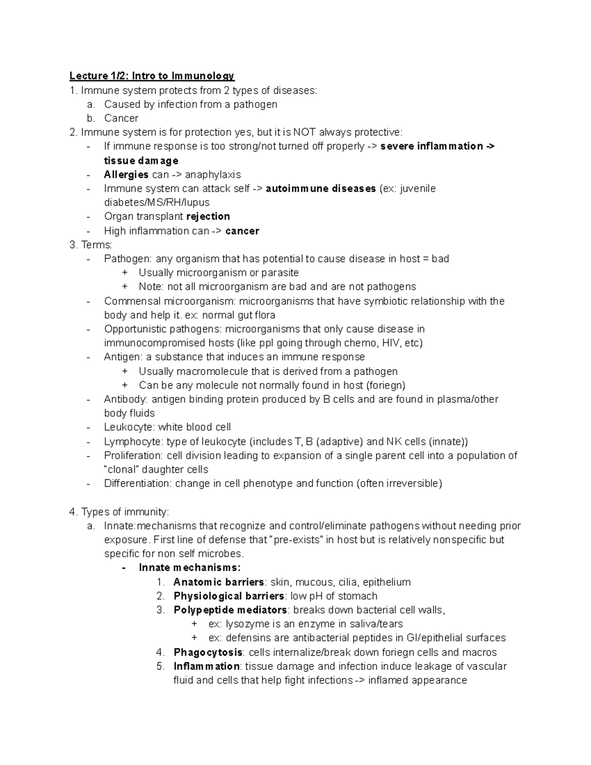 Immunology Lecture Notes MT1 - Lecture 1/2: Intro to Immunology Immune ...