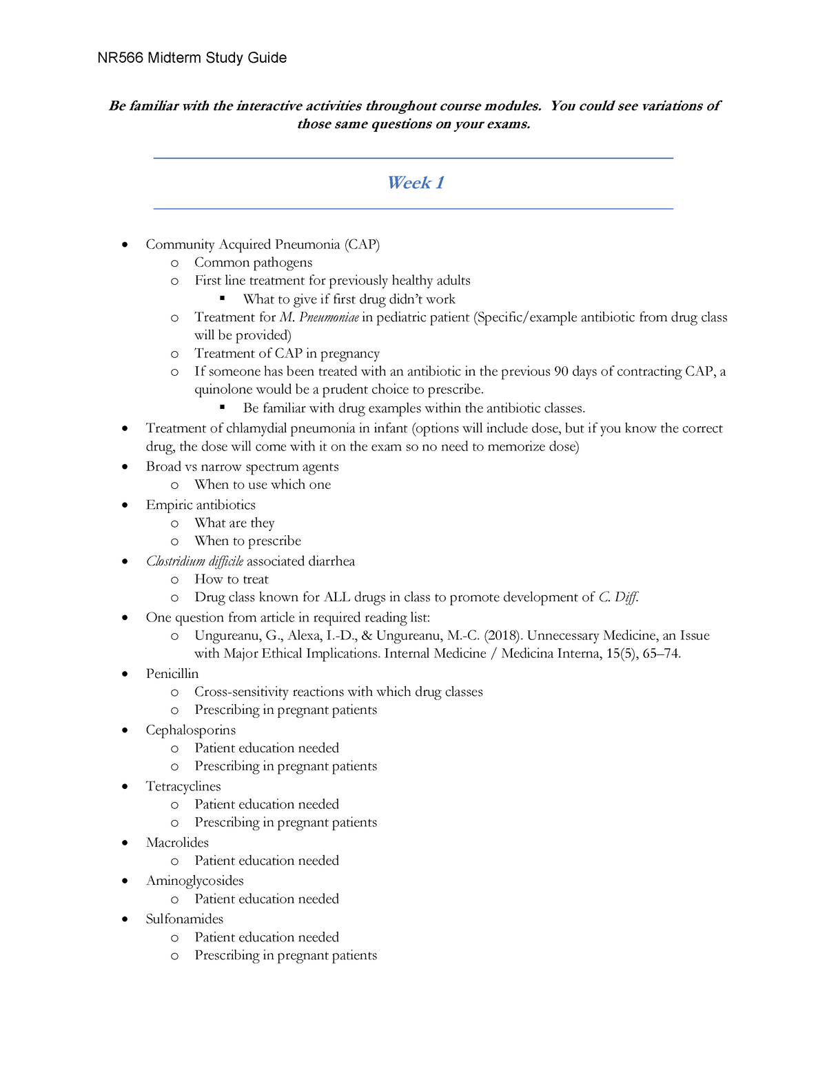 Week 1 Study Guide - NR566 Midterm Study Guide Be Familiar With The ...